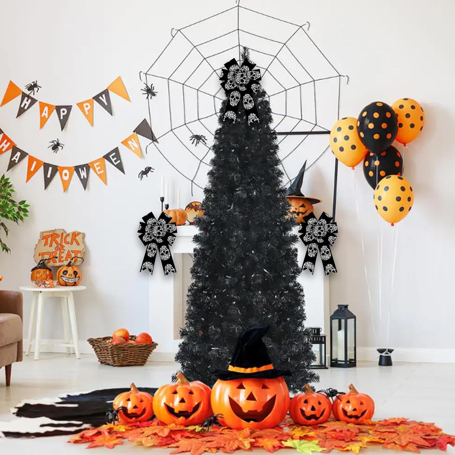 Hying 2 Pieces Halloween Bows for Wreath, Halloween Skull Wreath Bows Black White Burlap Bows Halloween Skeleton Craft Bows Day of The Dead Decorative Bows for Front Door Halloween Party Decorations