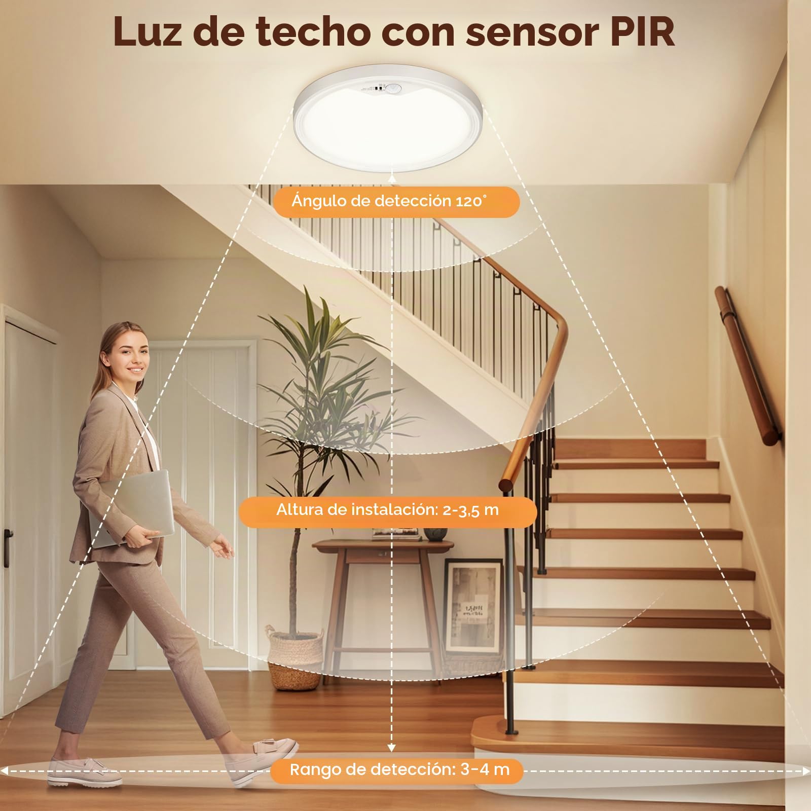 NIBSHOOM plafon led techo 3000K/4000K/6500K,2PCS luz led con sensor de movimiento 18W/1800LM/IP44 Impermeable lampara techo para Pasillo Escalera Balcón Garaje Baño Ø22cm