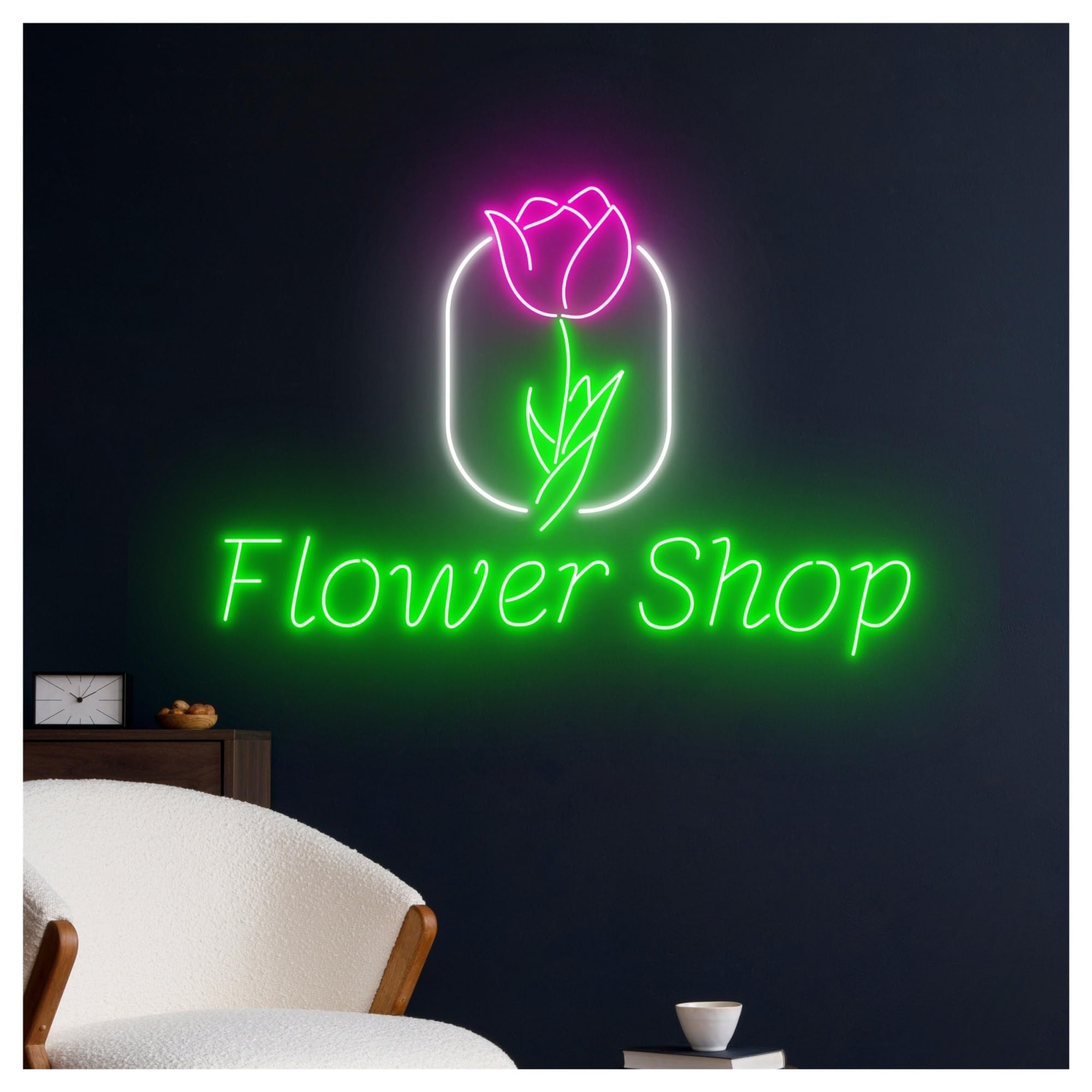 Wiszące neony artystyczne Neonowa Dekoracja Ścienna Do Sklepu "Flower Shop"z Kwiatowym Napisem LED, Witryna Sklepowa, Wejście Firmy, 58cm