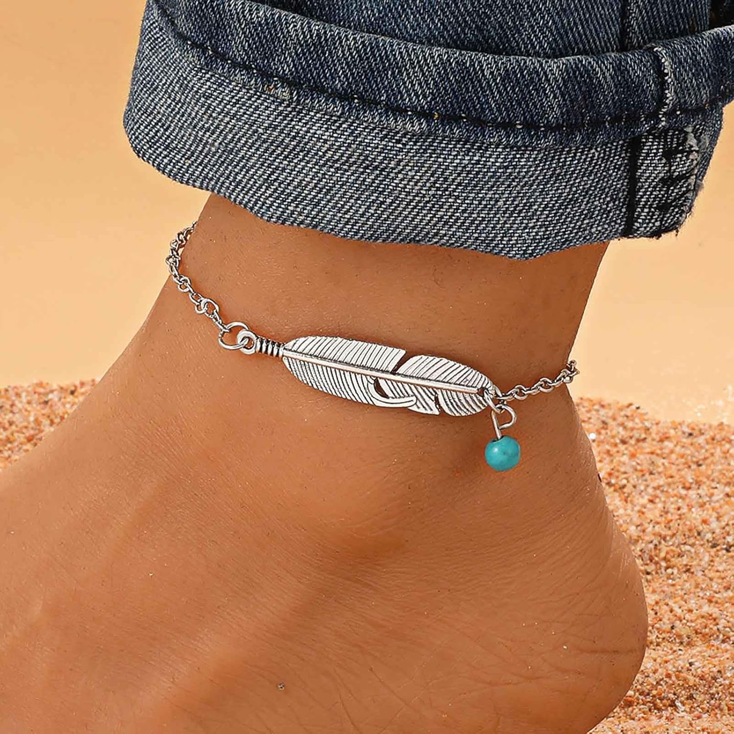 Boho Feather Anklet Bracelet Silver Feather Anklet Chain Turquoise Bead Foot Ankle Minimalist Chain Anklet Summer Beach Foot Anklet Foot Jewelry for Women - Image 2