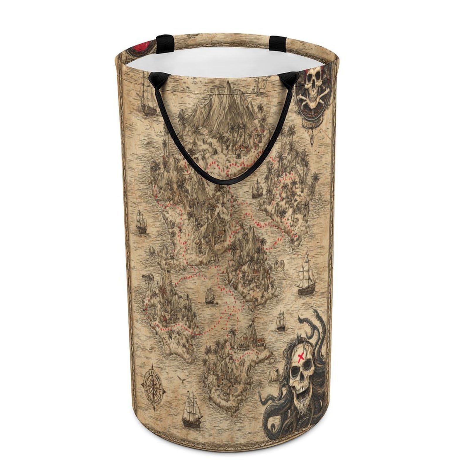 LUYYSKY Fantasy Realistic Treasure Map Collapsible Dirty Clothes Basket, Cool Classic Antique Map Pirate Ship Tropical Palm Trees Compass Portable Clothes Storage Laundry Basket-40 CM Dia, 69 CM High