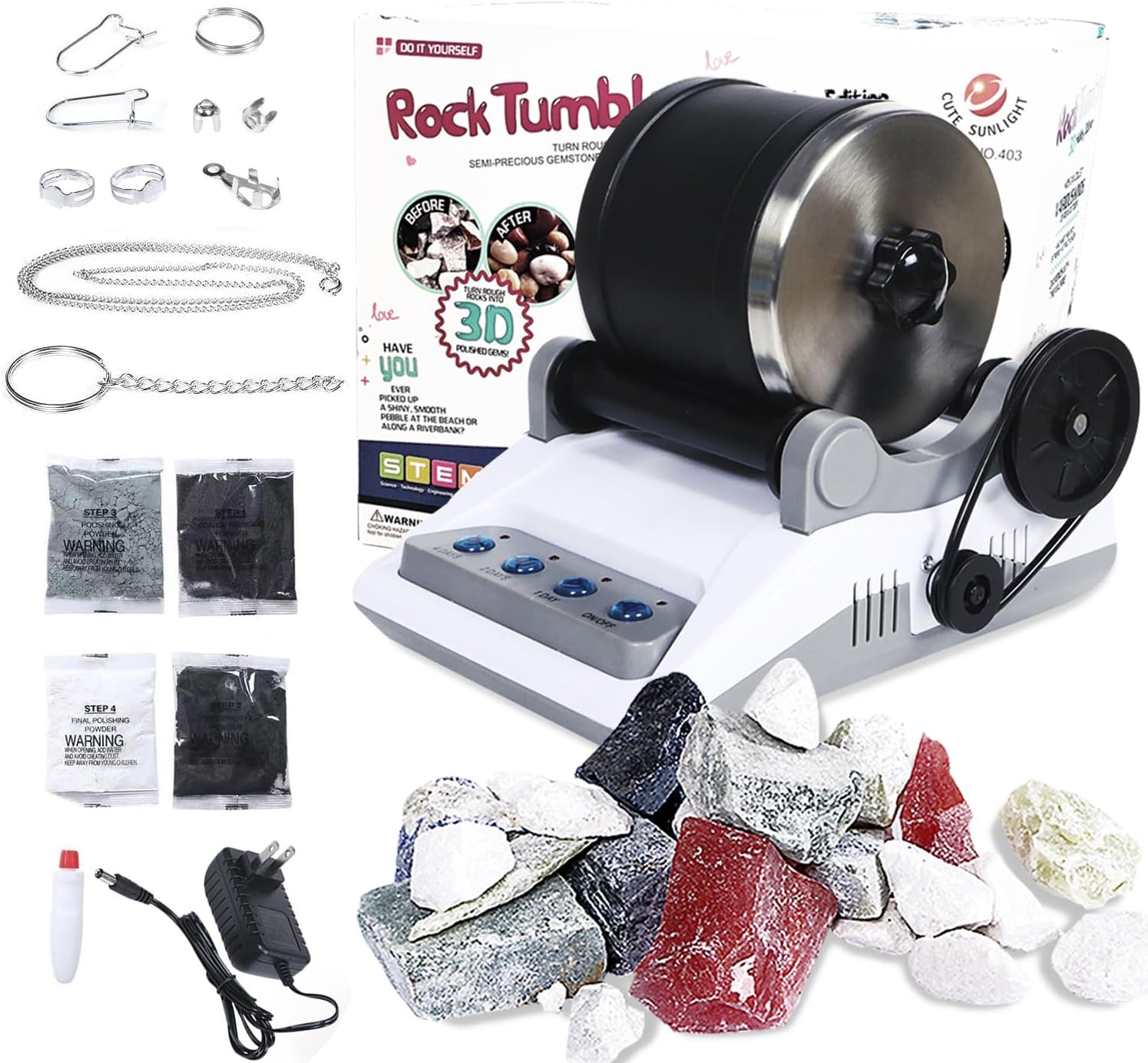 Rock Tumbler Kit, Enjoy 7-Days Polishing for DIY Stones, Professional Rock Polisher with Rough Gemstones and 4 Polishing Grits Science Kit for Kids and Adults Love Geology