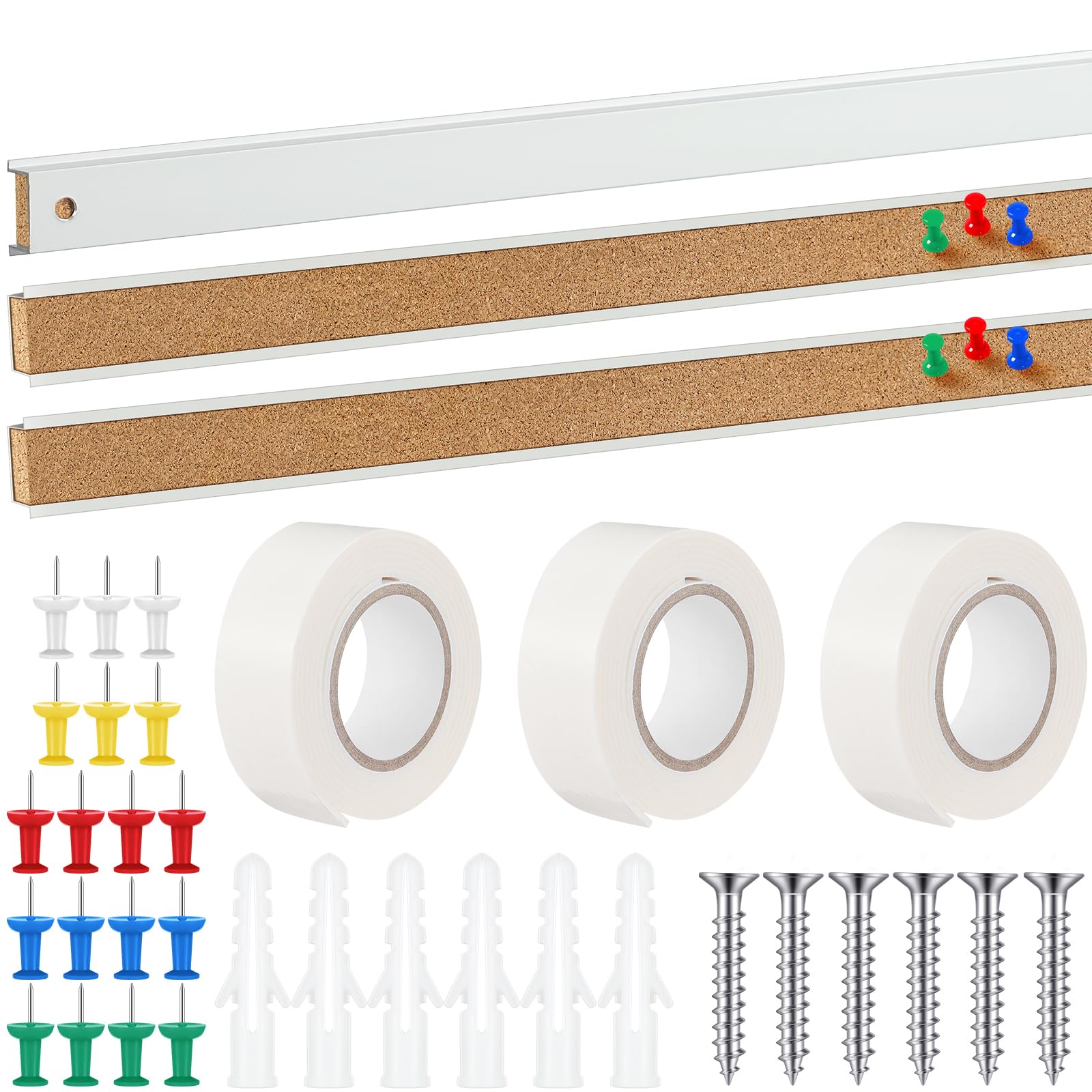 Threehoney 3 Pcs Cork Strips 48"x1" Bulletin Bar Strip, Aluminum Wall Trim