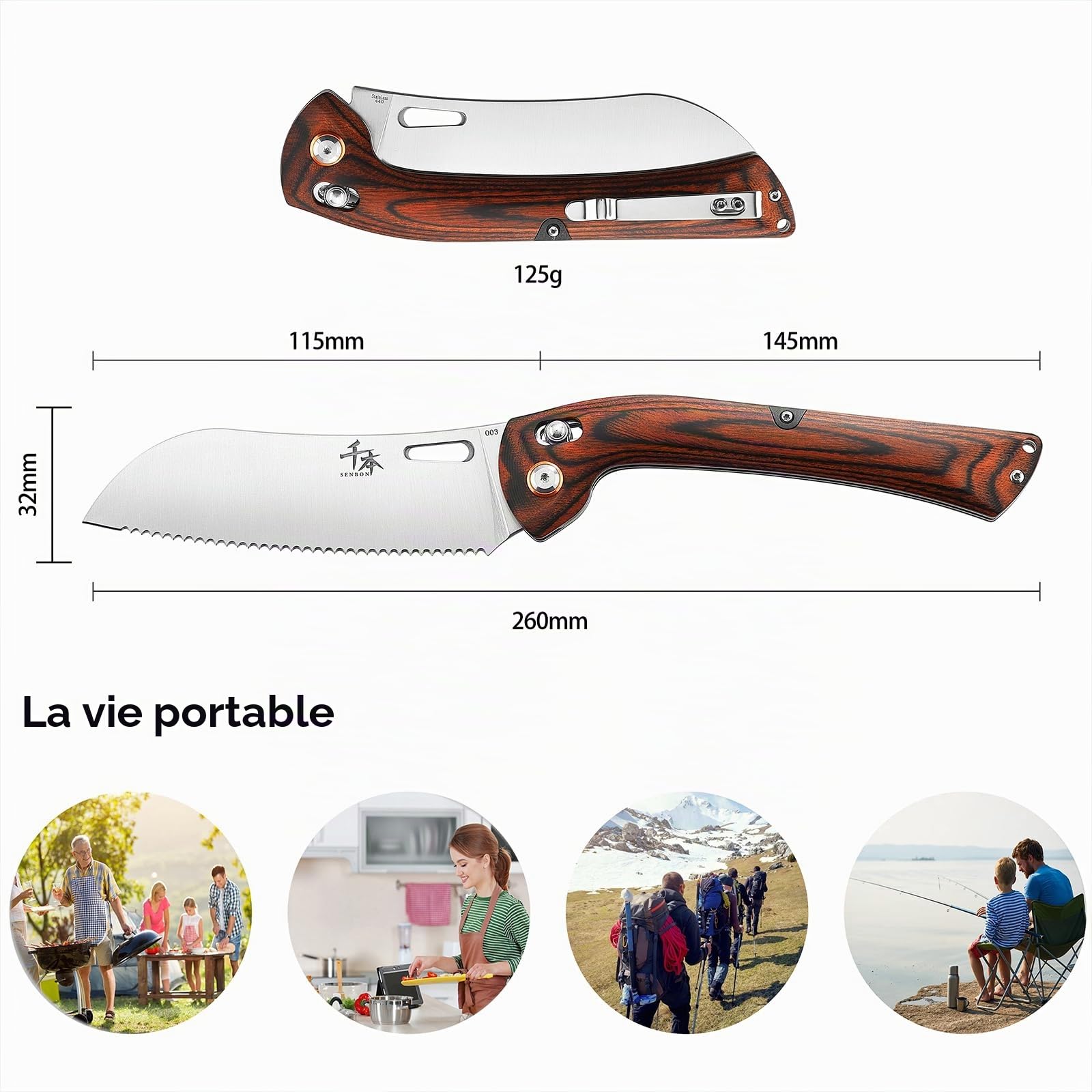 SENBON 440 couteau à pâtisserie pliant tranchant manche en bois coloré Camping barbecue extérieur clip arrière couteau à pain portable