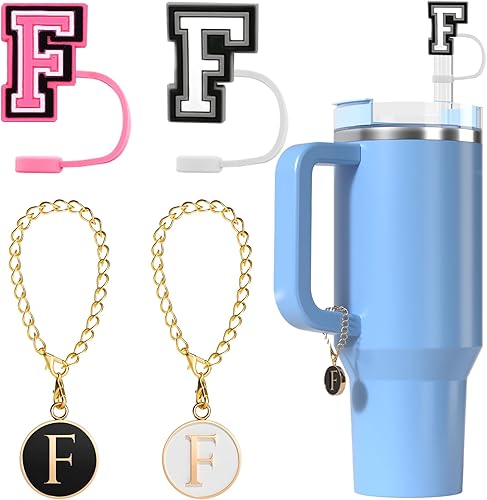 Utuichuo Tapa de popote de 0.394 in para copa Stanley, 30 onzas, 40 onzas, inicial, con 2 dijes de letras, accesorios para dije de identificación