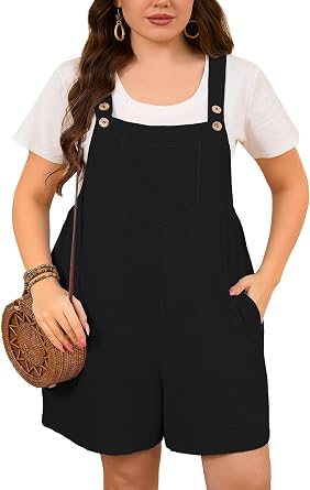 AusLook Plus Size Overall Romper for Women Adjustable Button Strap Short Jumpsuit Loose Fit Summer Outfit with Pockets