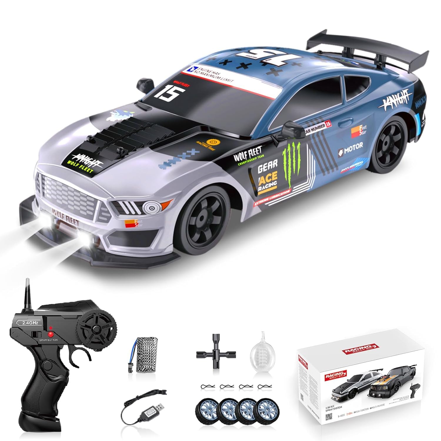 Favrallo RC Drift Car, Drifting RC Car 1/16 2.4GHz 4WD Remote Control Cars, Rechargeable Drifting Cars 18KM/H+ High Speed RC Racing Vehicle with Spray Cool Lights Toy Car for Kids Boys (Blue Monster)