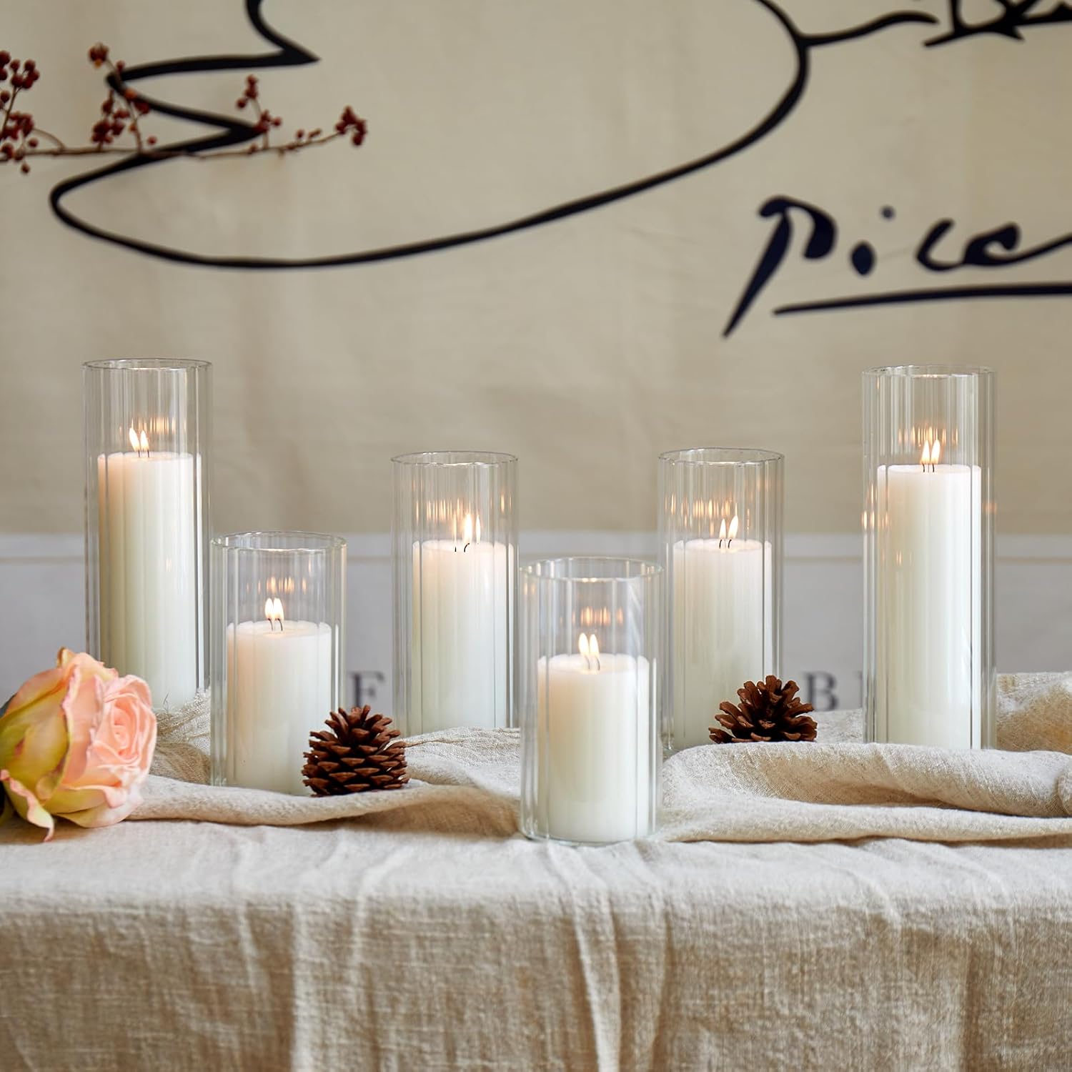Set of 6 White Pillar Candles with Clear Glass Hurricane Holders- Elegant Cylinder Candle Vases for Weddings, Parties, Centerpieces, Home & Office Decor (White, 6 Set-Vase)