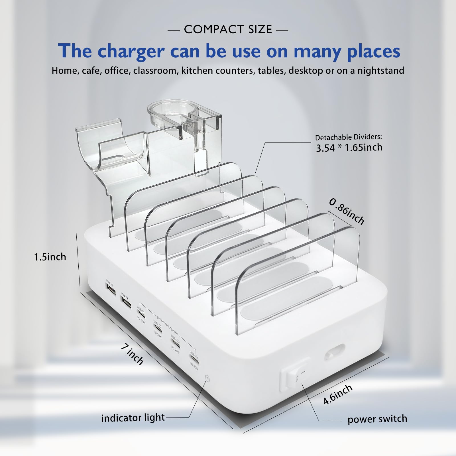 Stazione di ricarica USB C per dispositivi Apple, 100 W 4 PD e 2 USB caricabatterie famiglia per più dispositivi Apple iPad, iPhone 15/14/13/12/11 iPad e Android Phone e tablet, stazione