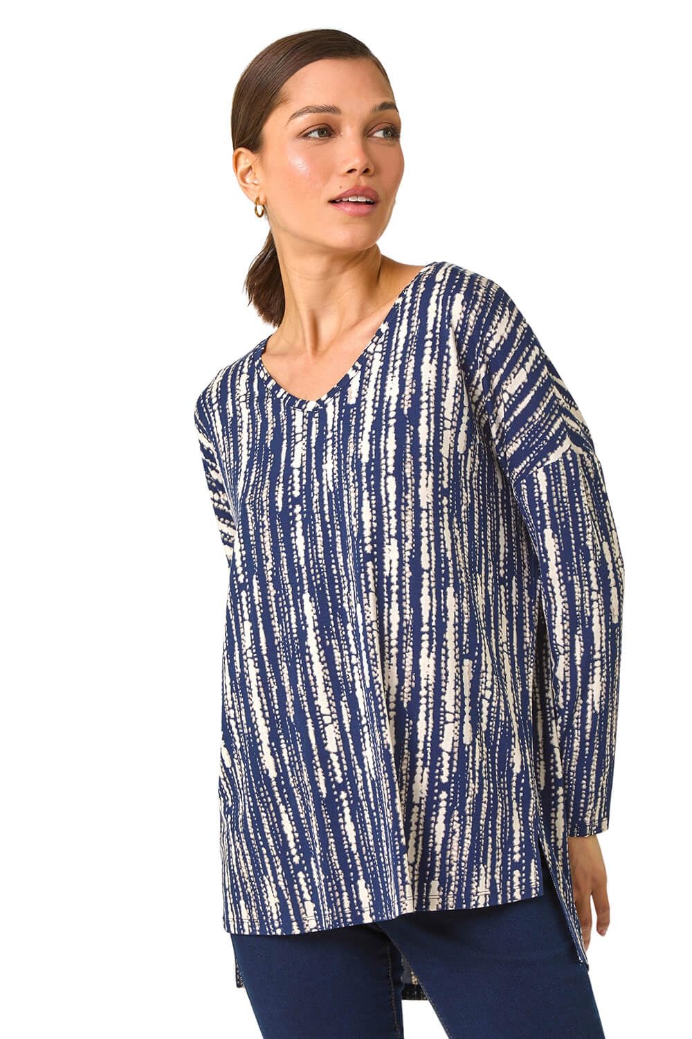 Roman Women's Navy Abstract Print V-Neck Tunic Stretch Top Size 10