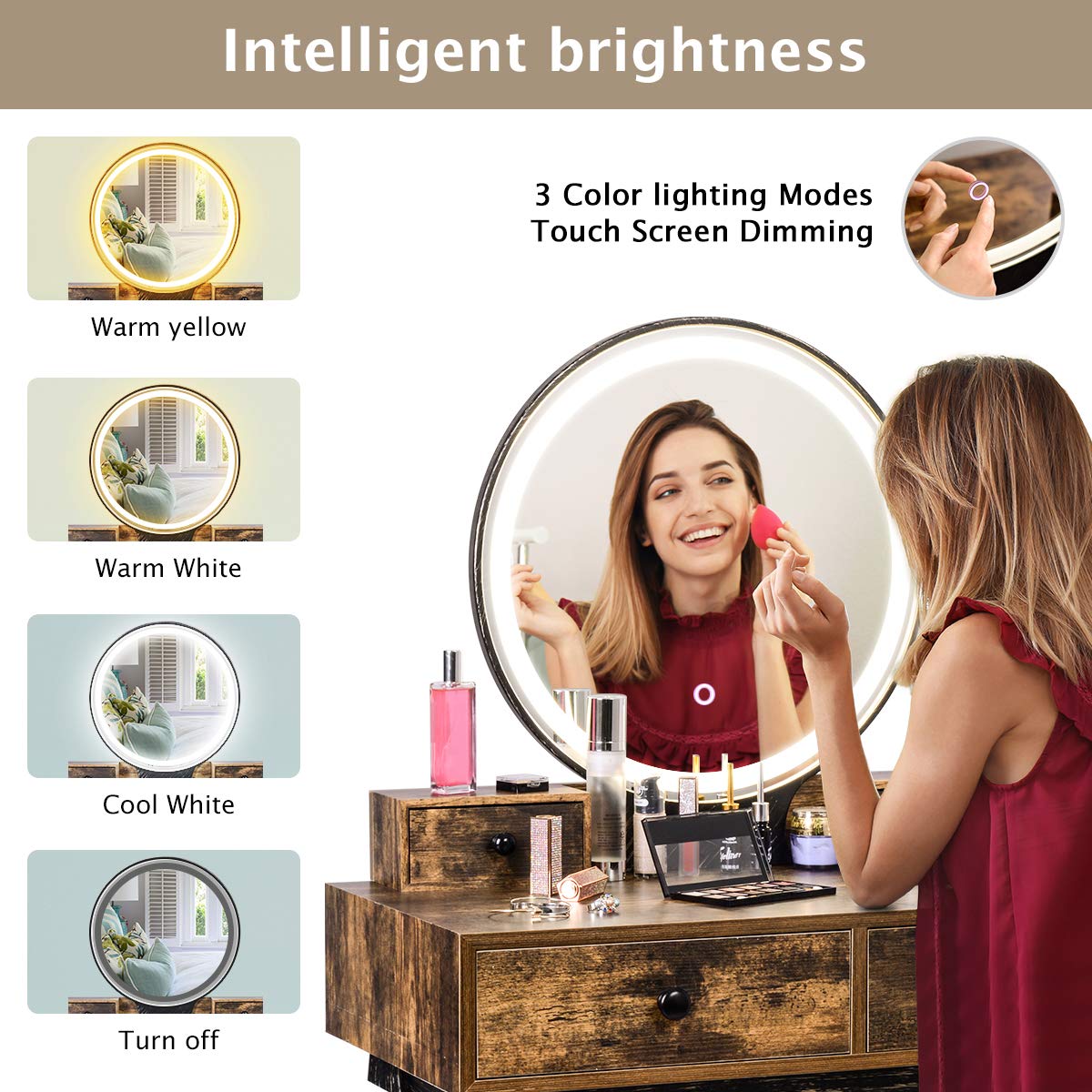 Vanity Table Set with Lighted Mirror and Bench,Rustic Makeup Vanity