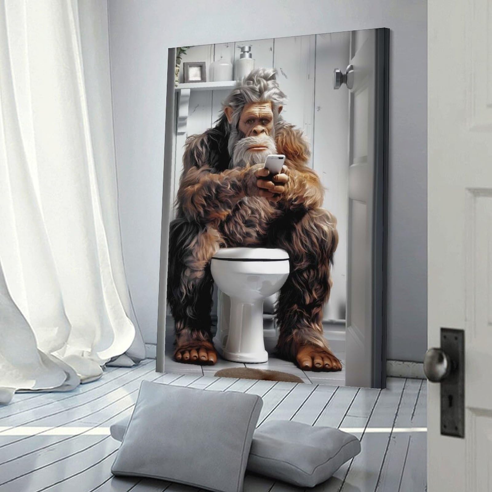 Junmoney Frame-Style-8 Bigfoot On The Toilet Canvas Art Print 20X30inch(50X75cm), For Apartment Walls, Studios Or Work Areas, An Easy Choice For New Home Styling