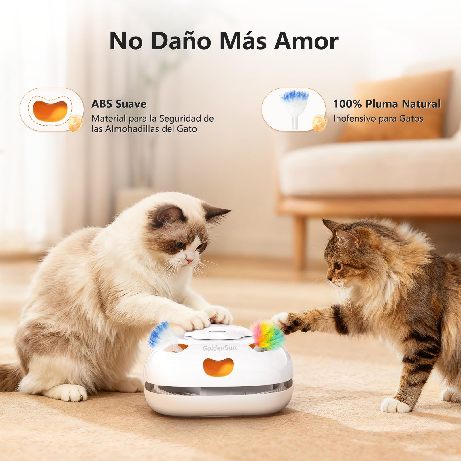 GoldenSun Juguetes para Gatos Recargable, Juguete Interactivo 4 en 1 para Gatos, Escondite, Golpea al Topo, Varita Mágica, Persecución de Plumas, Incluye 4 Repuestos