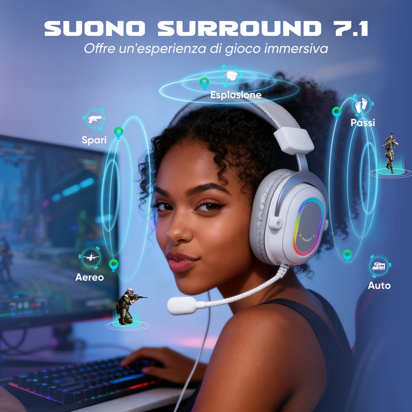 FIFINE Cuffie Gaming PC 7.1 Surround, Cuffie con Microfono per PS4 PS5, Cuffie con Filo con 3 modalità EQ, Auricolare con RGB e cuscinetti auricolari morbidi