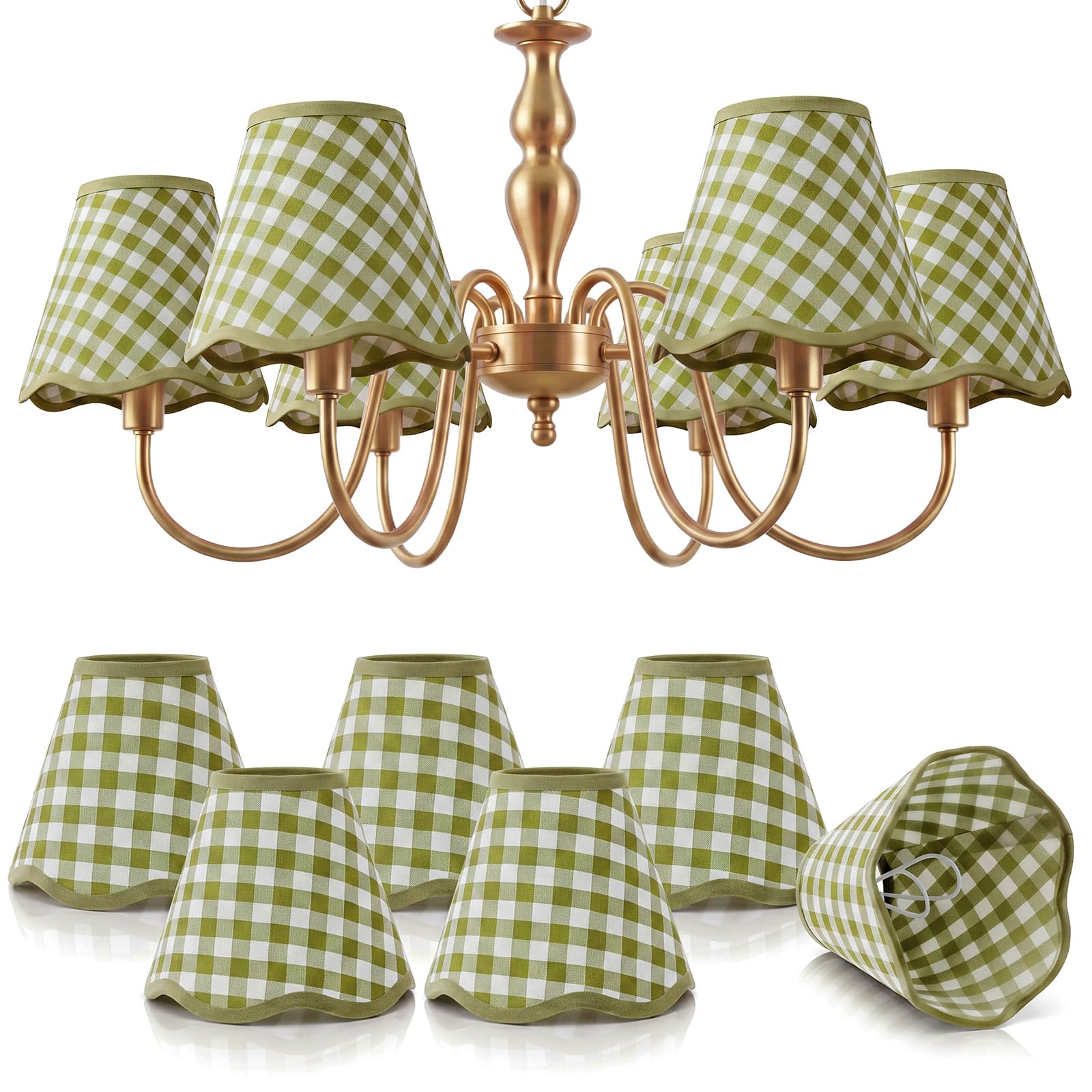 Gerrii 6 Pack Green Gingham Chandelier Lamp Shades 2.9" Top x 5.9" Bottom x 5.1" High Mini Scalloped Bell Shade with Petal Edge Small Lamp Shade Clip on Bulb for Wall Livingroom Bedroom Easy Assembly