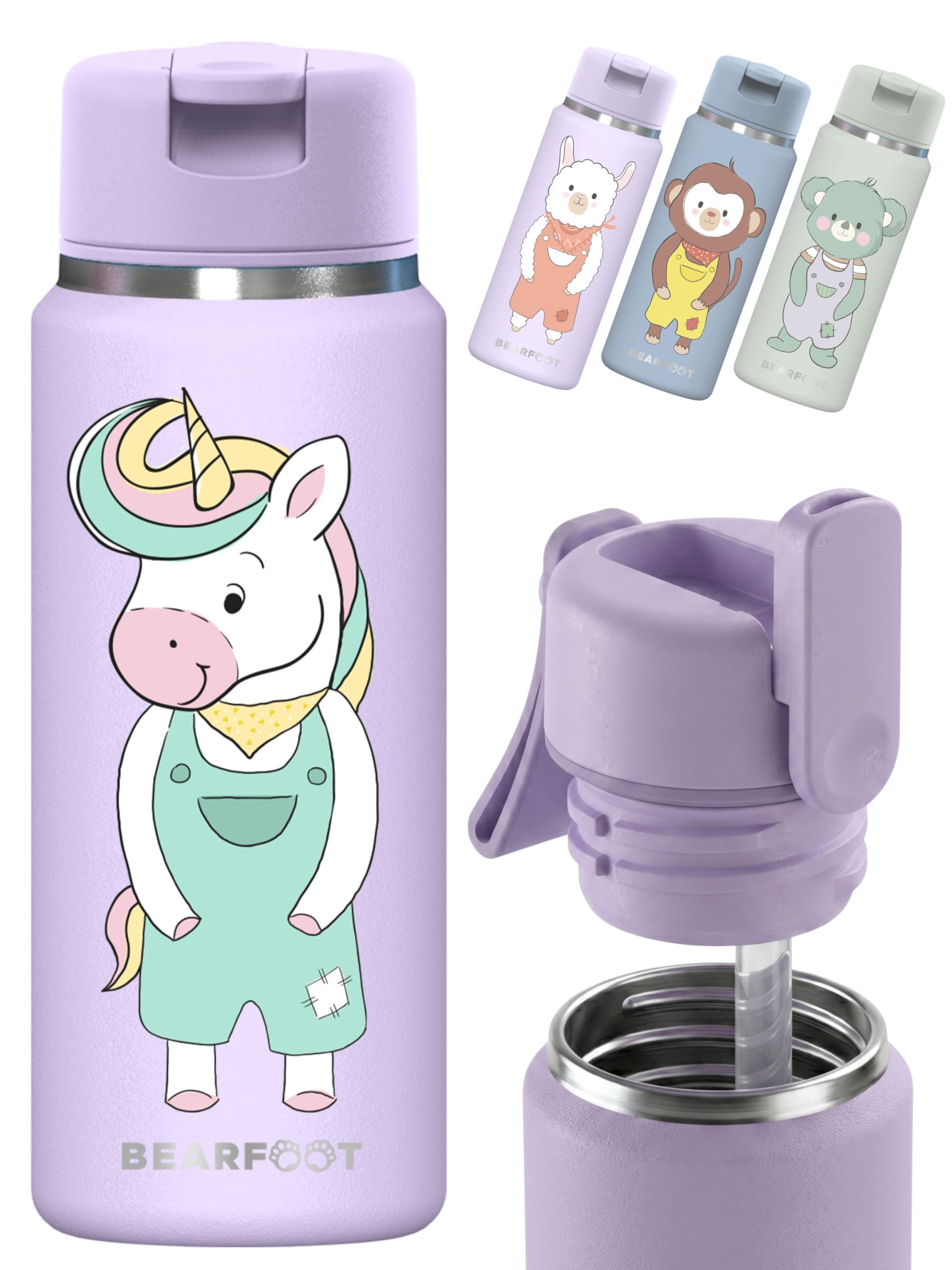 BEARFOOT TINY Edelstahl Trinkflasche Kinder 200ml (Einhorn - Lila) | Vakuumisolierte Isolierflasche, mit Strohhalm, auslaufsichere Thermoflasche, BPA-frei, für Mädchen & Jungen