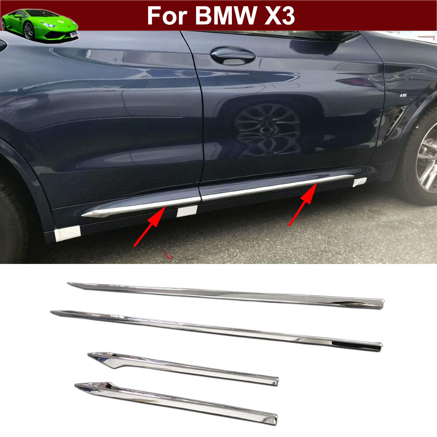 View 1 of 4pcs Car Chrome Body Side Overlay Stripe Mouldings Trim Emblems Body Side Molding Trim Cover Trim for BMW X3 2018 2019 2020 2021 2022 2023