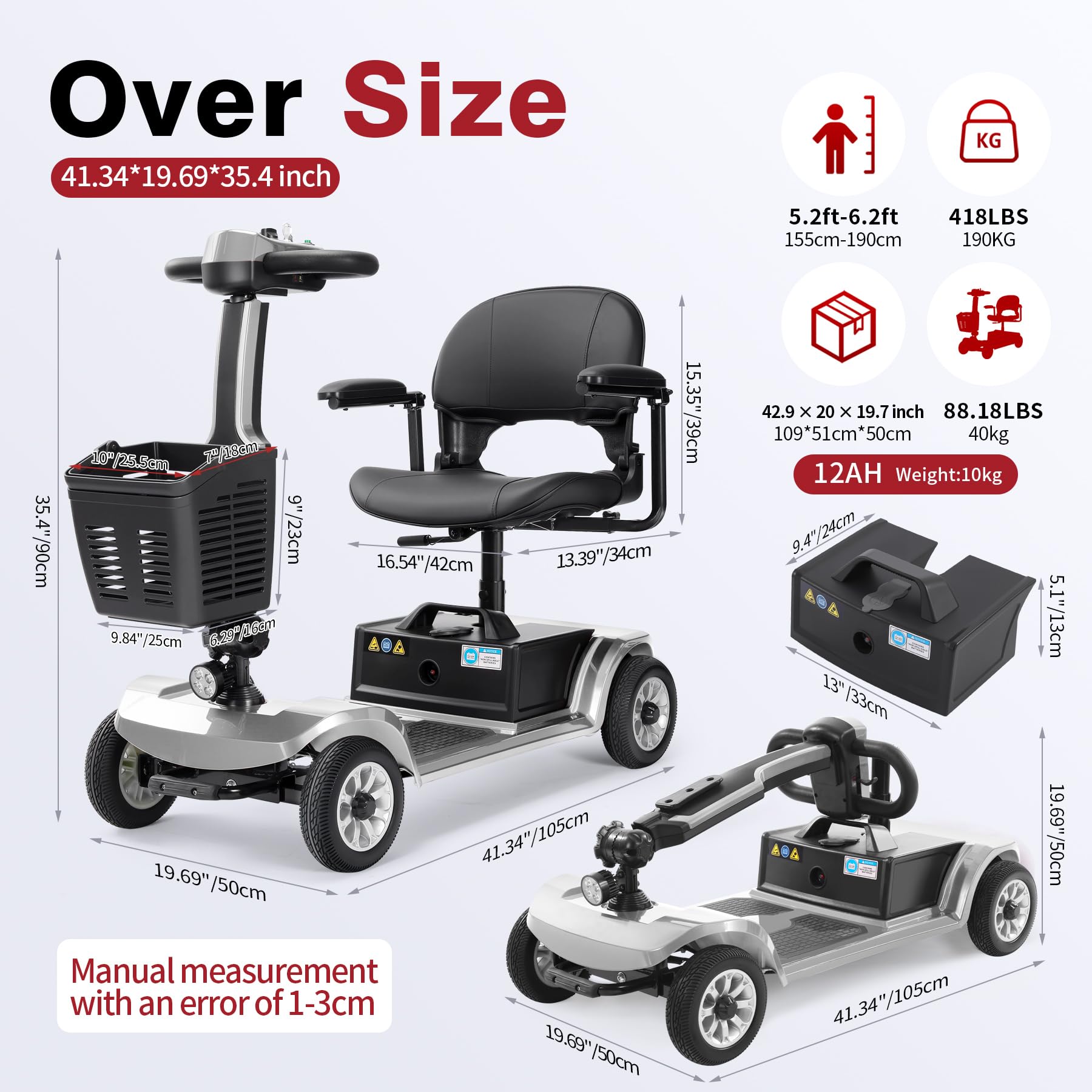 Scooters Eléctricos de Movilidad Vehículo de Movilidad Personal, Ancianos, Batería Extendida de Largo Alcance con Cargador y Cesta (Plateado)