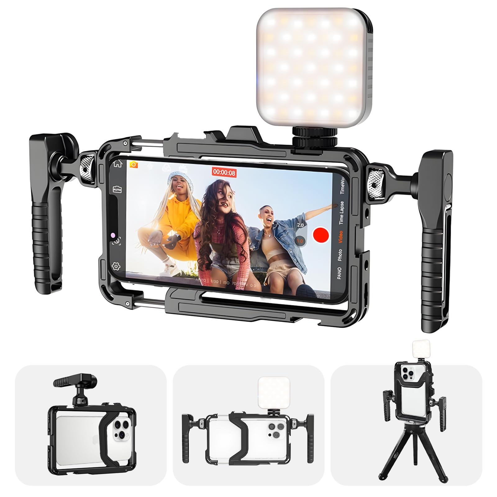 Phone Video Stabilizer Rig Kit: Telefono Cage Rig Rig per Registrazione Video con Maniglie LED Luce Treppiede - per Videomaker Videografo - per iPhone per Samsung per Pixel e altri telefoni Android