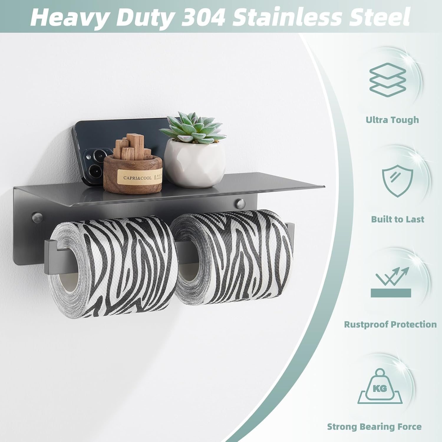 APLusee Gunmetal Gray 304 Stainless Steel Double Toilet Paper Holder with Shelf, Towel Ring Bundle, Wall Mounted