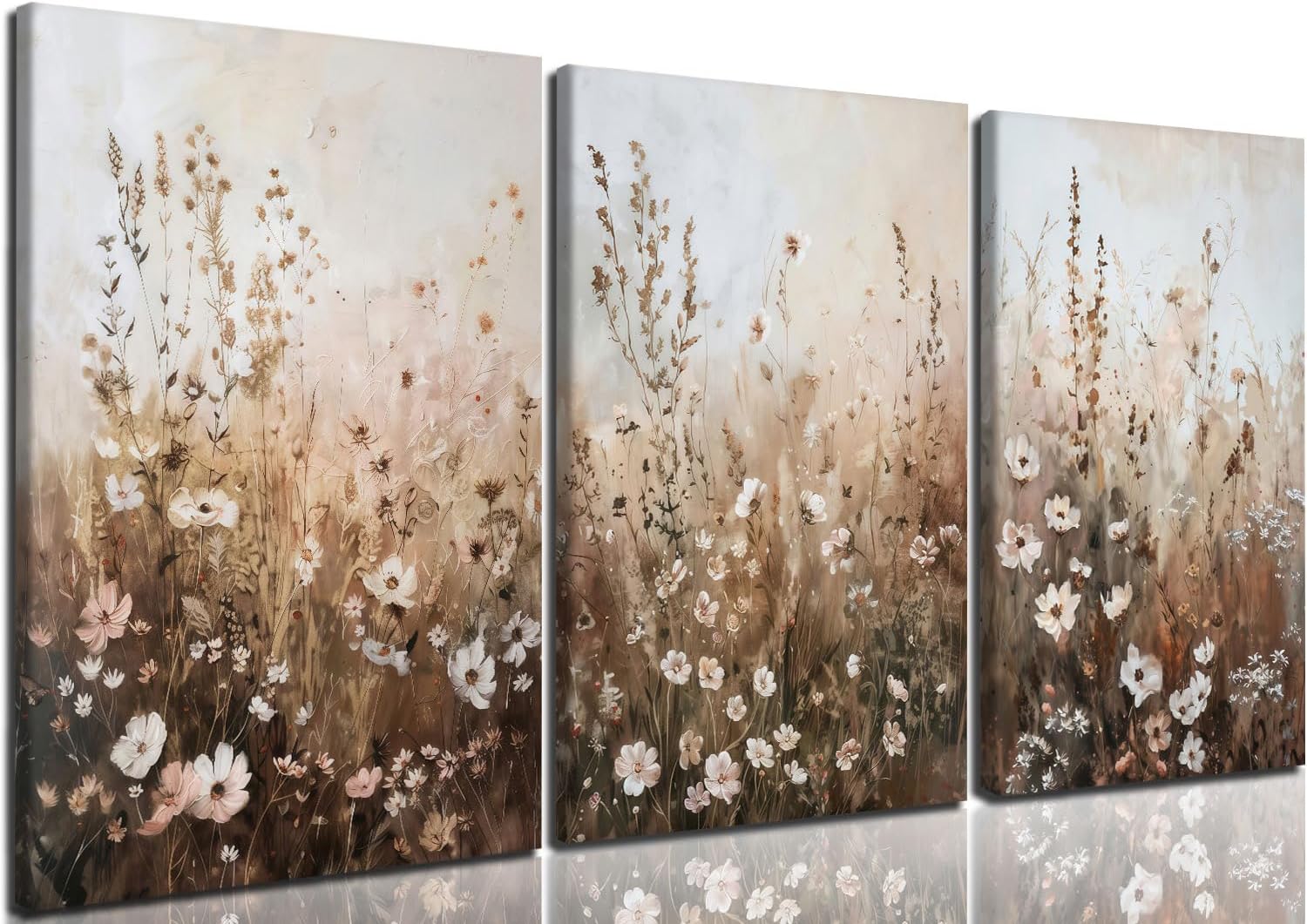 CHTEXA Wildflower Wall Art Canvas Set of 3, Rustic Neutral Botanical Prints, Beige Brown Meadow Artwork, Modern Farmhouse Nature Decor for Living Room, 16x24 Inch