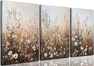CHTEXA Wildflower Canvas Wall Art Set Of 3 Neutral Rustic Floral Botanical Wall Decor For Living Room Bedroom Office Beige Brown Meadow Artwork Ready To Hang 12x16 Inch