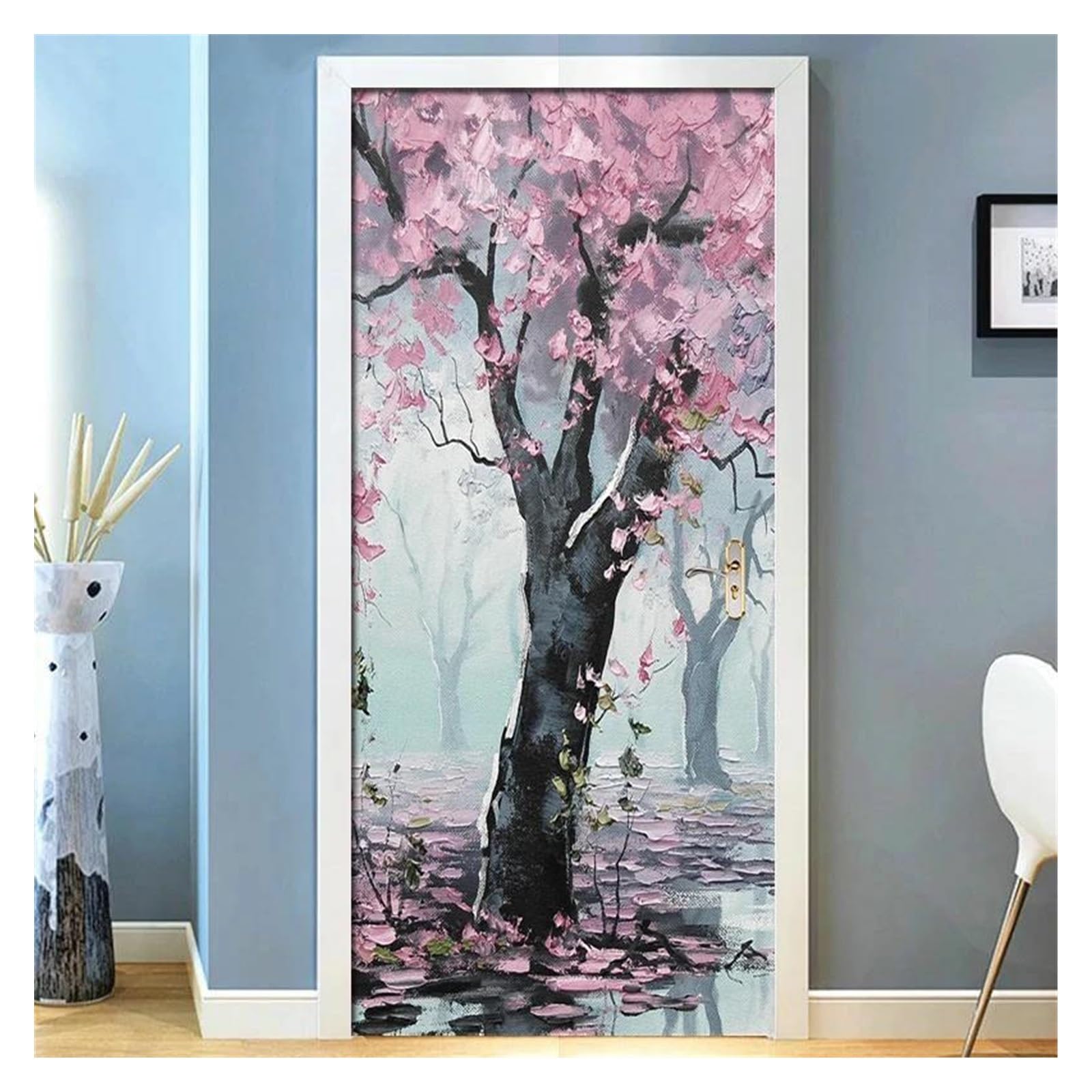 Autocollants de porte paysage rose 3D imperméables contre l'humidité du salon 77x200