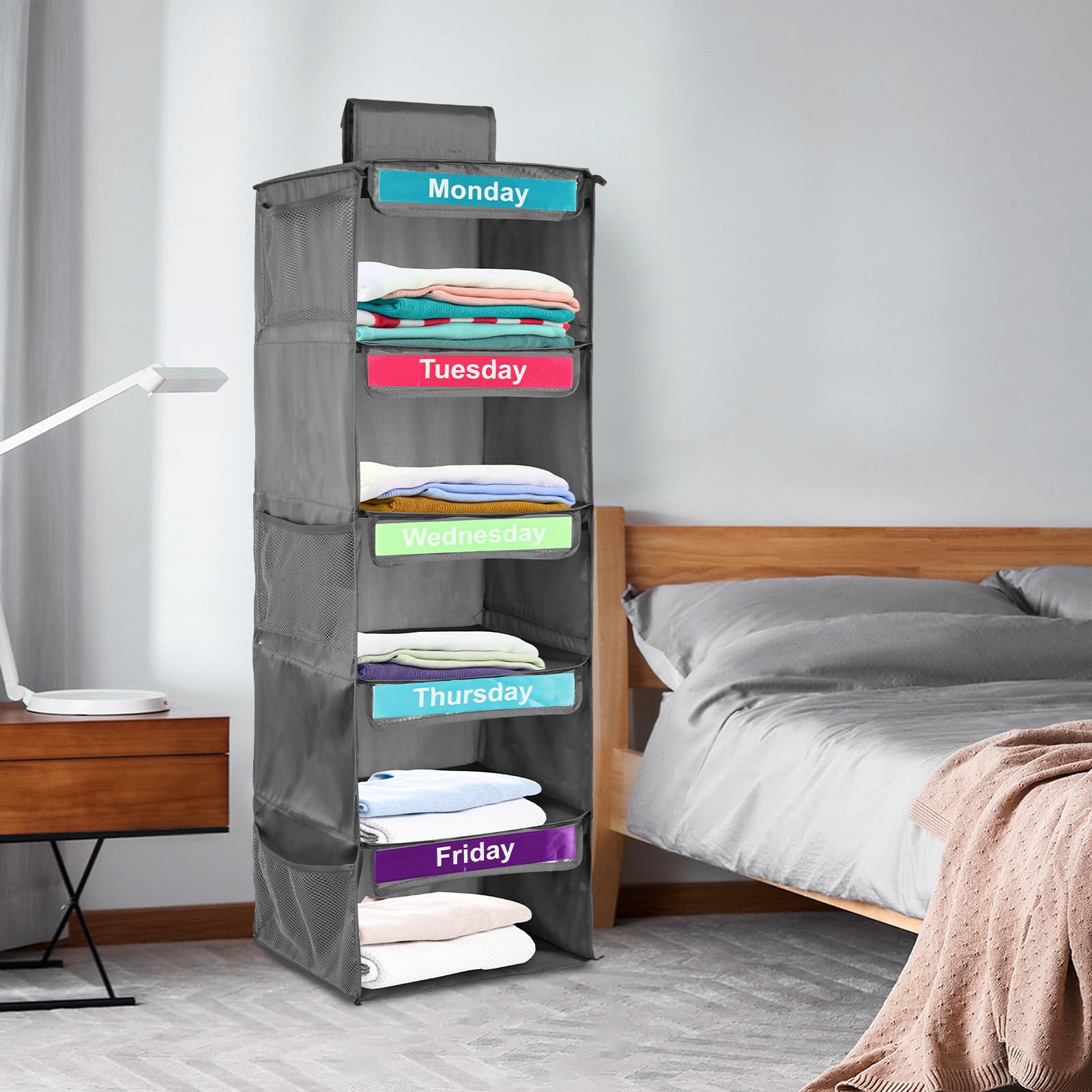Weekly Clothes Organiser for Kids 5-Shelf Hanging Storage Organiser for Wardrobe Daily Clothes Day of Week Children Clothes Hanging Shelf with Side Pockets for Clothes Sweaters Shoes Accessories