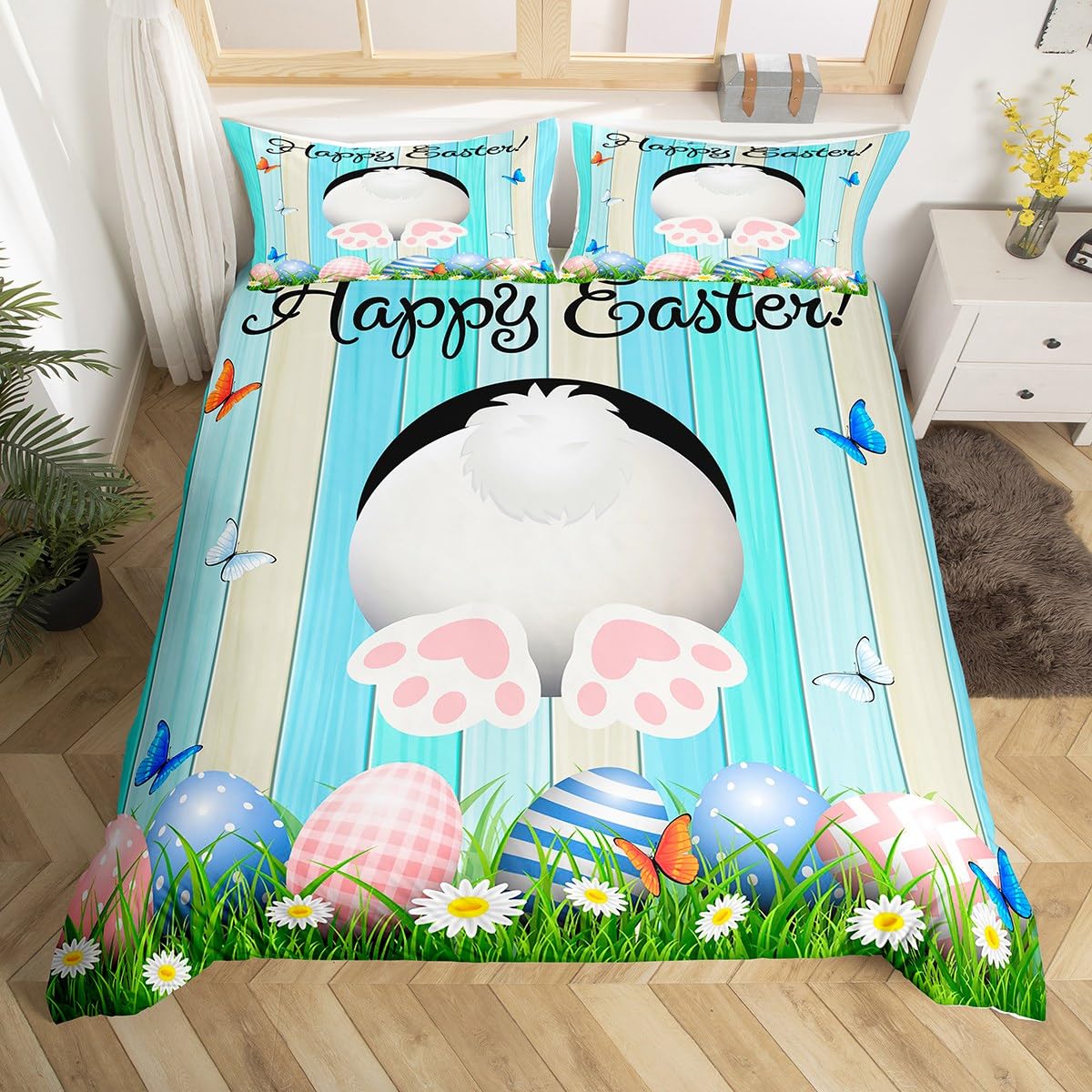 Happy Easter Duvet Cover Lovely Rabbit Bedding Set for Kids Blue Wood Board Comforter Cover Set Boys Girls Funny Egg and Butterfly Bedspread Cover Zipper Single