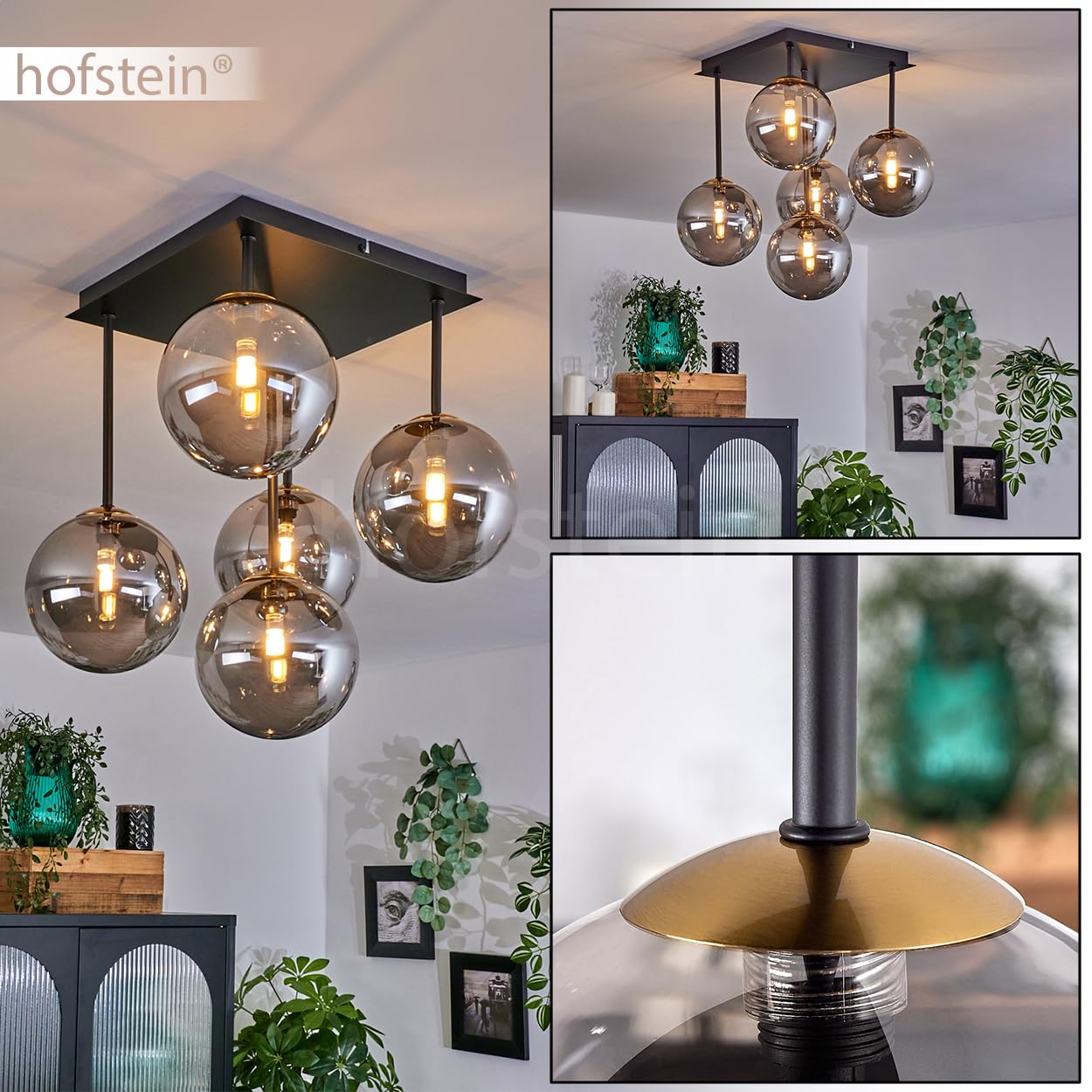 HOFSTEIN Chehalis Deckenleuchte, 3-flammig, Schwarz/gold/rauchglas – Retro-Design, G9-Fassung, Ø 10 Cm Schirme