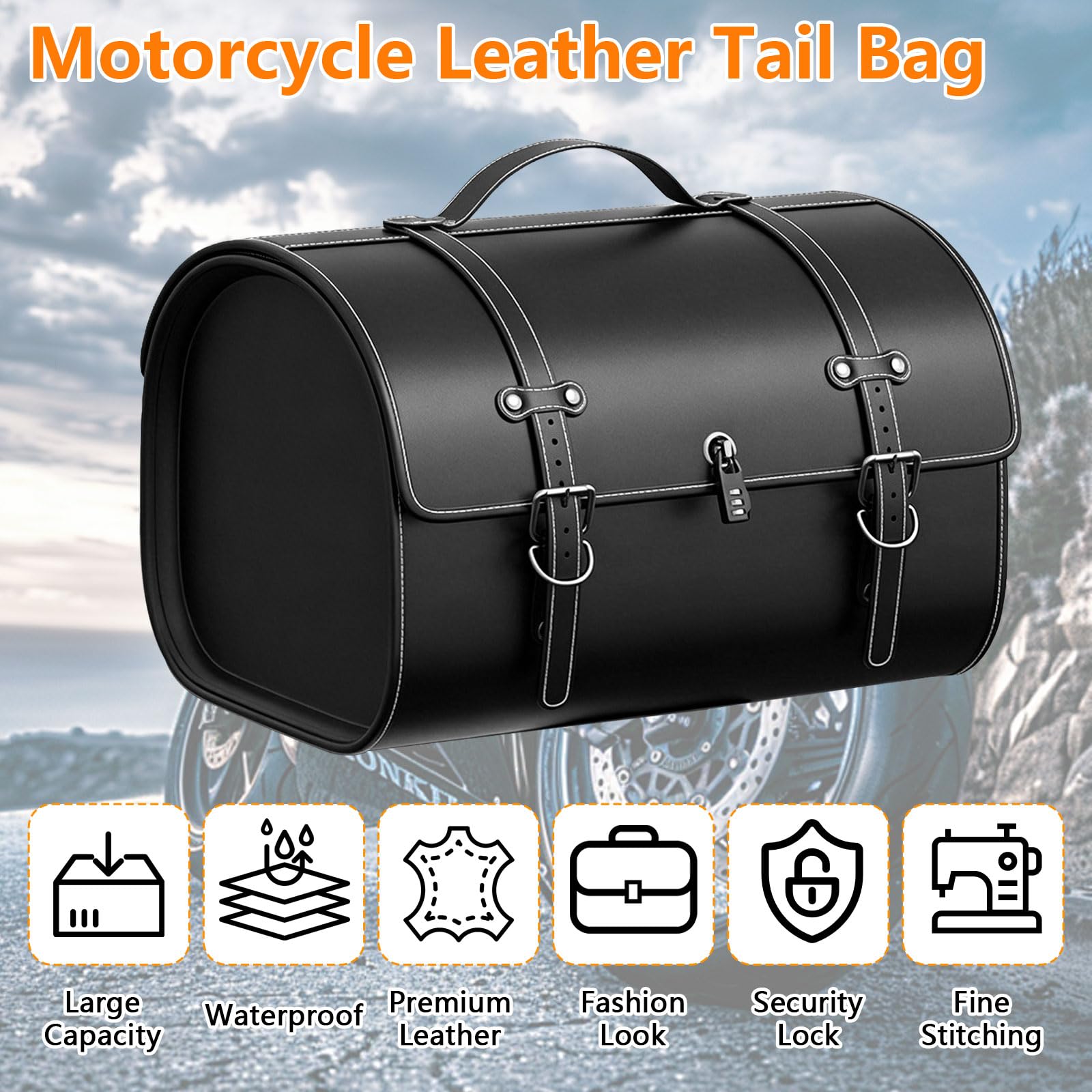 Sacoche arrière de moto 33 l en cuir imperméable avec serrure à