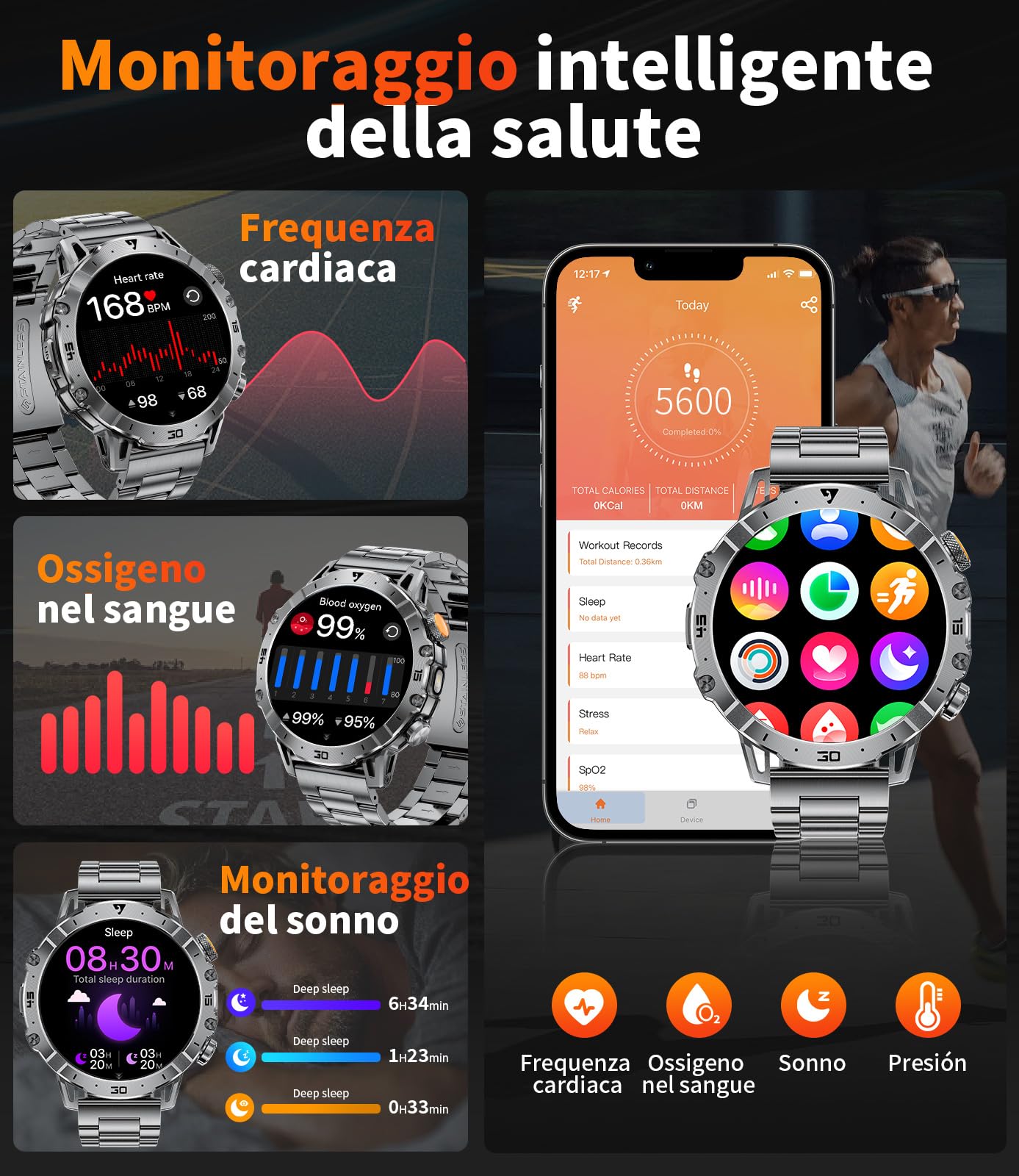 Smartwatch Uomo 1,85'' Display HD, Torcia LED, Batteria 1000mAh, 100+ Modalità Sport, IP68 Impermeabile, Cardiofrequenzimetro e Monitor Sonno, Bluetooth Android iOS, Nero