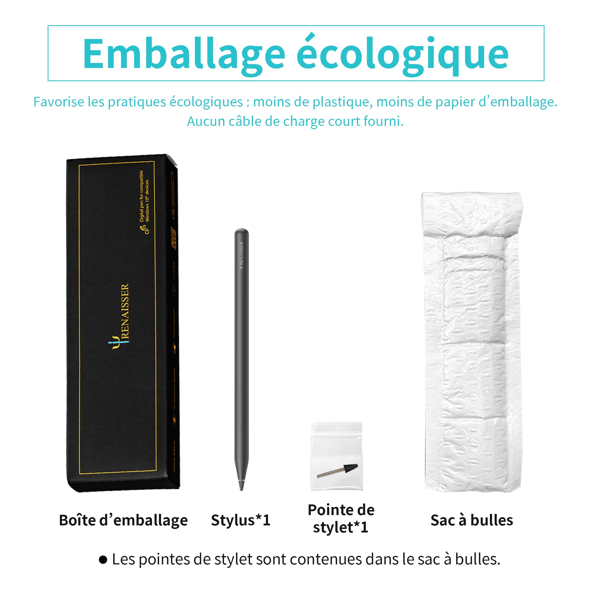 RENAISSER Raphael N520C Stylet pour Microsoft Surface Pro/Go/Book/Studio | MPP 2.0, 4096 pression, sensibilité à l'inclinaison, ultra-léger, palm rejection, recharge via USB-C, non magnétique