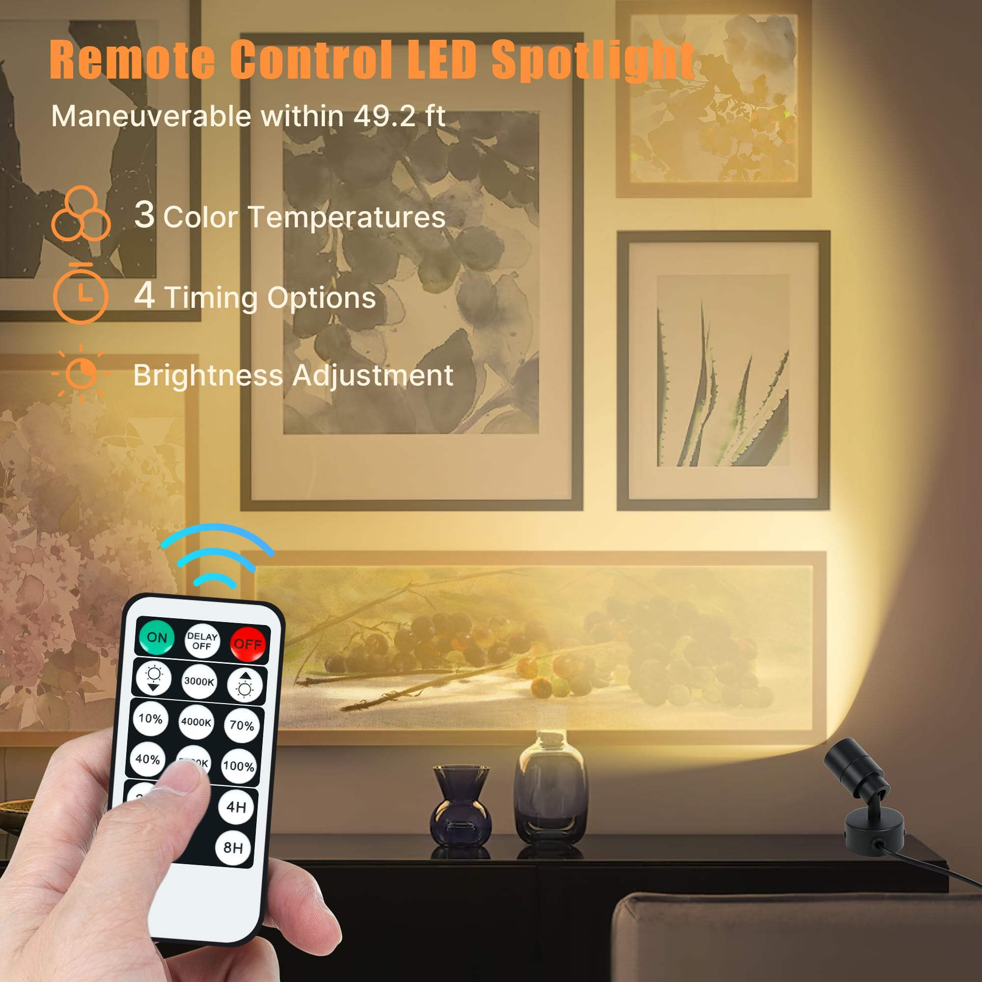 LED Spotlights Indoor, 5W Plants Uplighting with Remote Control Dimmable & Timer, 3000K/4000K/5000K Adjustable Floor Spot Lights for Pictures Artwork, Accent Stick on Wall Light with 5.9 FT Plug Cord