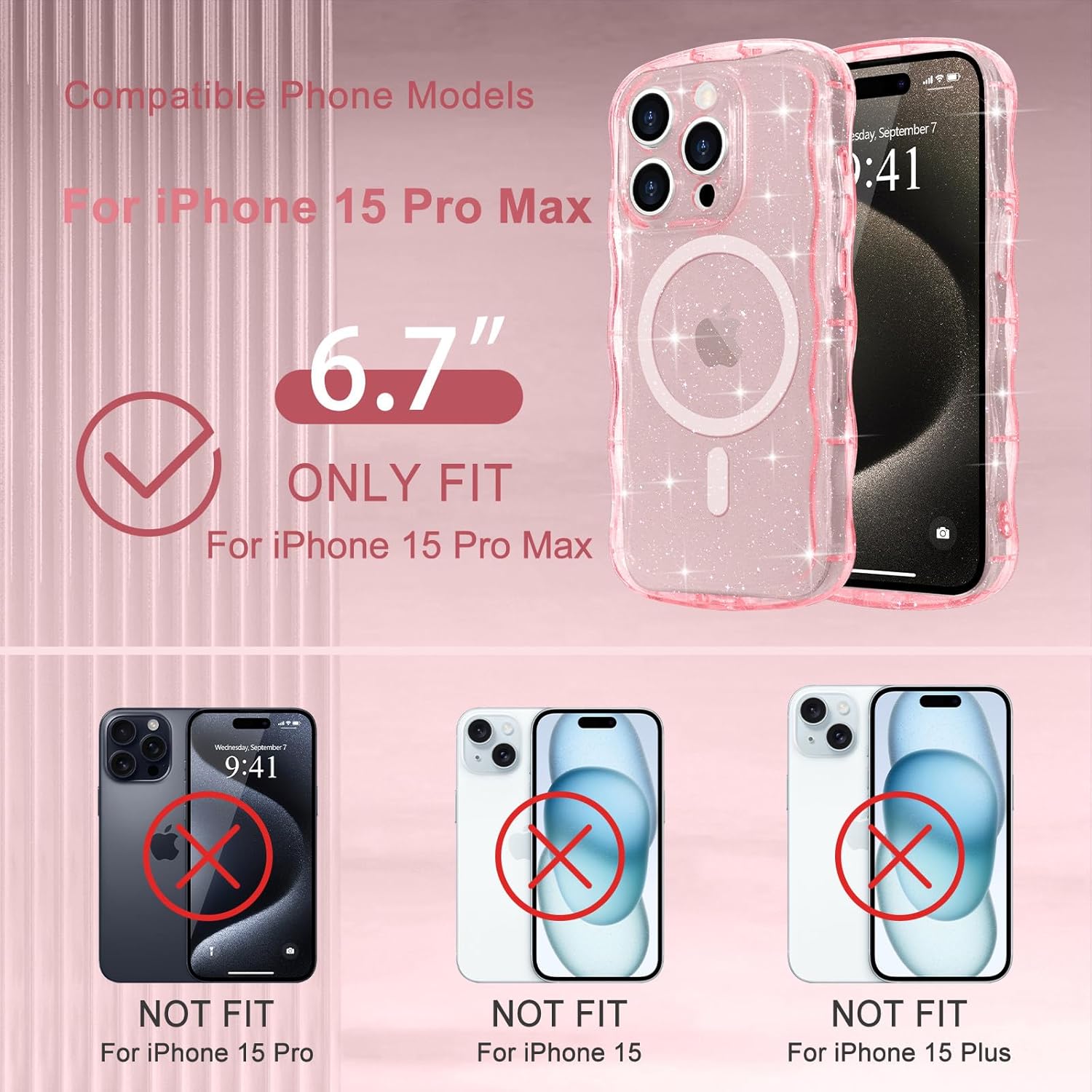 Magnetic for iPhone 15 Pro Max Case Clear, Sparkly Bling Glitter Cute Curly Wave Cover for Women Men Compatible with MagSafe TPU Shockproof Protective Phone Case for iPhone 15 Pro Max, Pink - Image 2