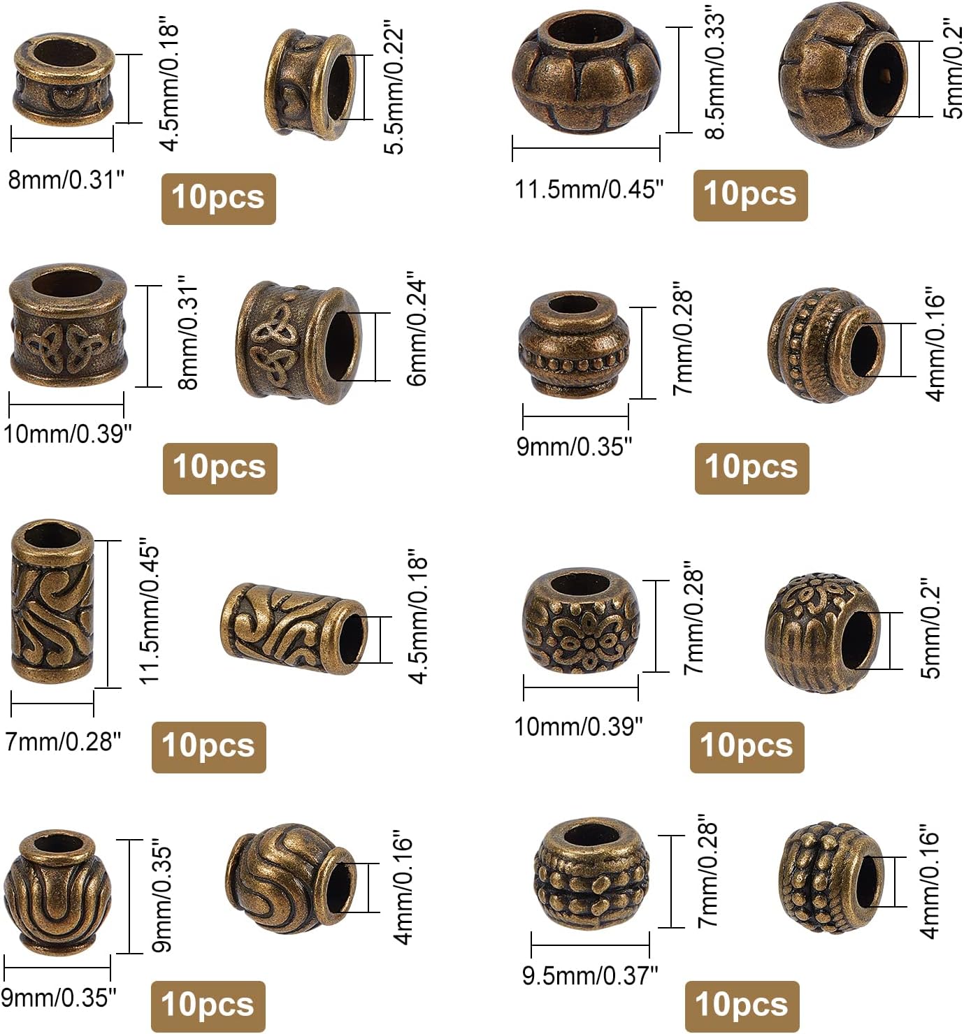 NBEADS 80 Pcs Tibetan Style Large Hole Spacer Beads, 8 Shapes Antique Bronze African Hair Beads, Alloy European Chains Beads for Bracelet Necklace DIY Jewelry Making, Hole: 1/6"~1/4" - Image 5