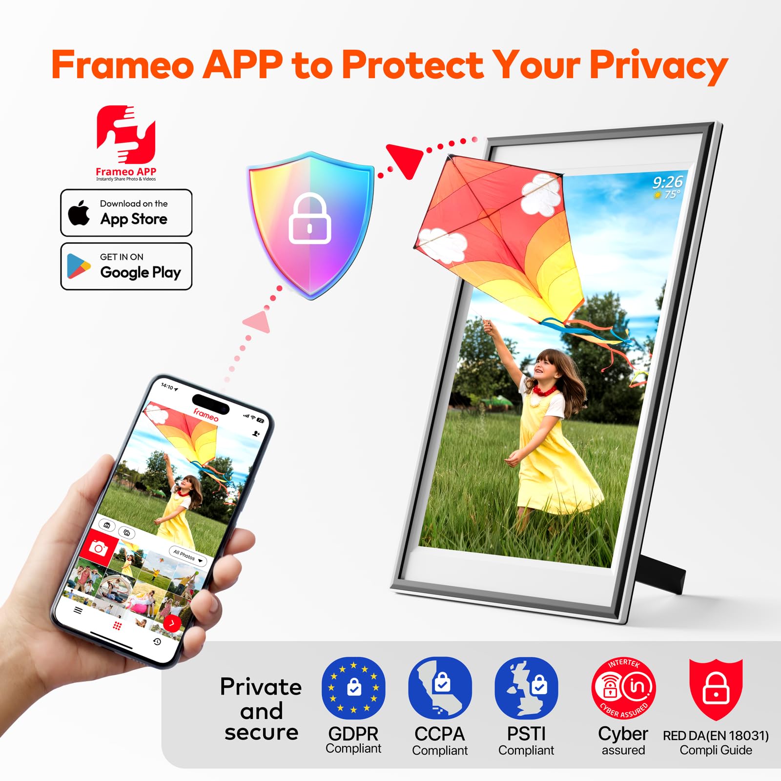 Frameo Cadre photo numérique 12,7 pouces 64 Go, 1440 x 1080p IPS Touch Electronic Photo Frame Rotation automatique et support mural, USB et carte SD, partage de photos/vidéos