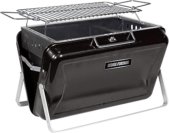 George Foreman Portable Charcoal BBQ, On-The-Go Toolbox, Portable, Sturdy Foldable Legs, Convenient Handle, Lightweight, Camping, Black, Charcoal Barbecue, GFPTBBQ1005B