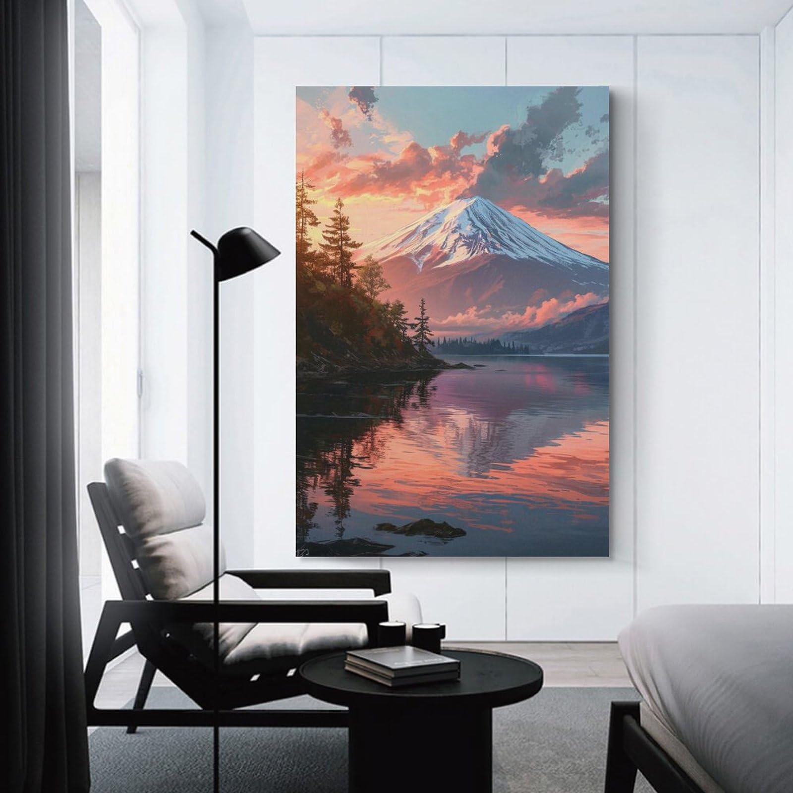 Amazon.co.jp: 絵画 富士山と夕暮れに輝く湖 アートパネル ポスター