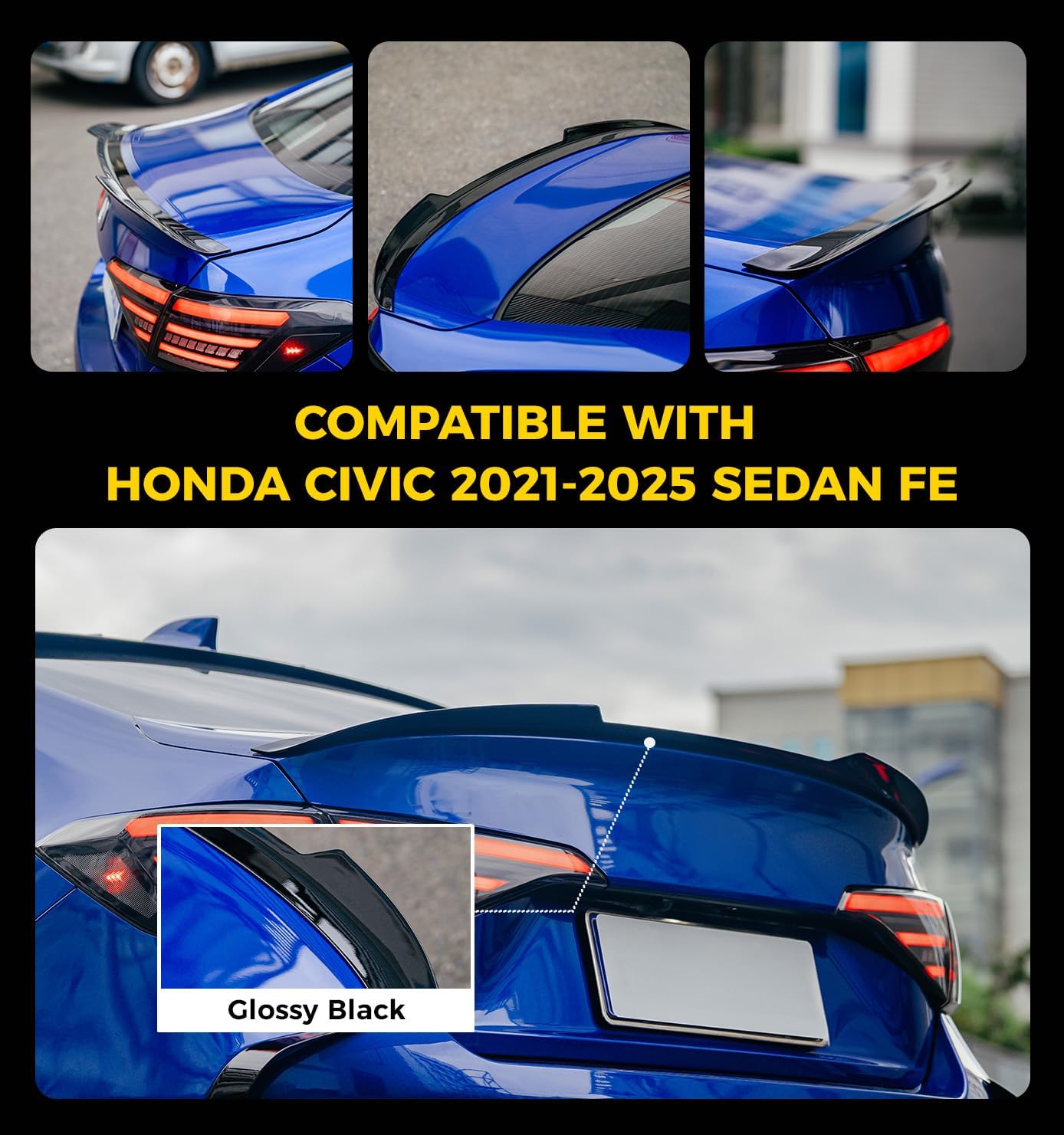 Xprite Rear Spoiler Wing Compatible with 2021 2022 2023 2024 2025 2026 Honda Civic Sedan Sport 11th Civic Rear Trunk Spoiler Wing Lip for Honda Civic Sedan Accessories (Glossy Black)