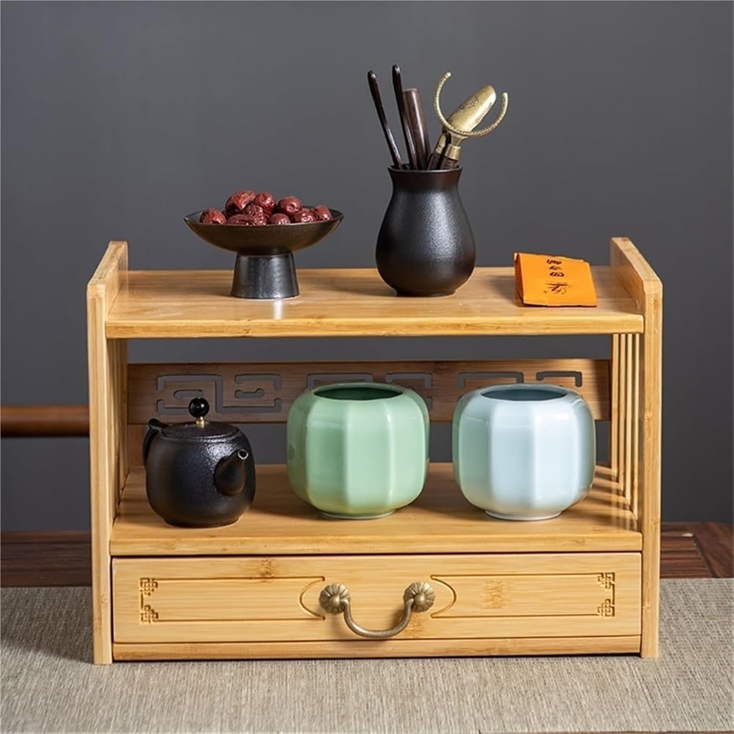 Cup Storage Holder,Antique Solid Wood Tea Cup Rack with Drawer - Heavy Duty 27.2in Storage Organizer for Home & Office, Stylish Display Holder for Teacups and Mugs,Natural-52cm/20.5in