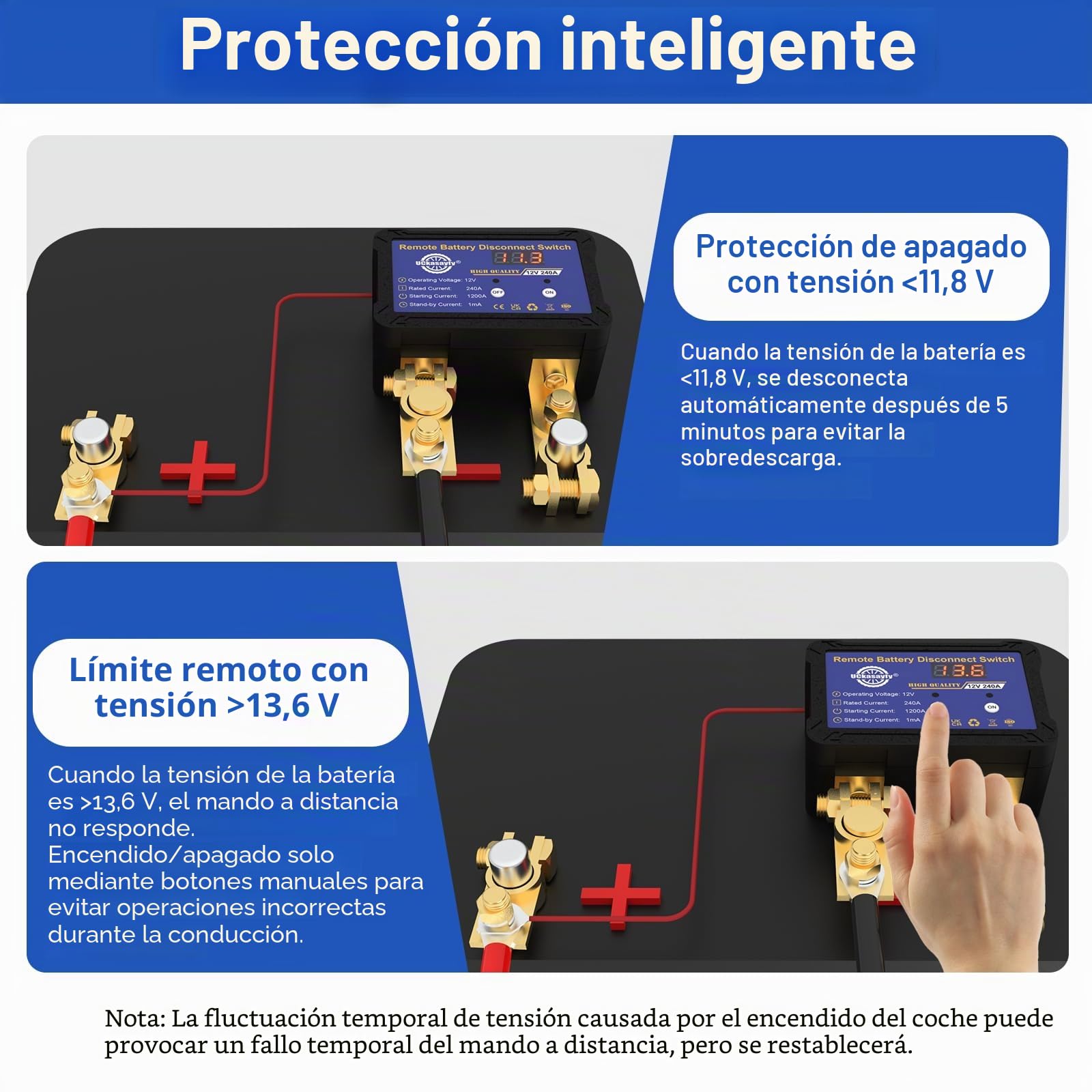 Interruptor de desconexión de la batería con mando a distancia 12v 240A con indicador de tensión LED Interruptor antirrobo para coche, autocaravana, ATV, camión, marina