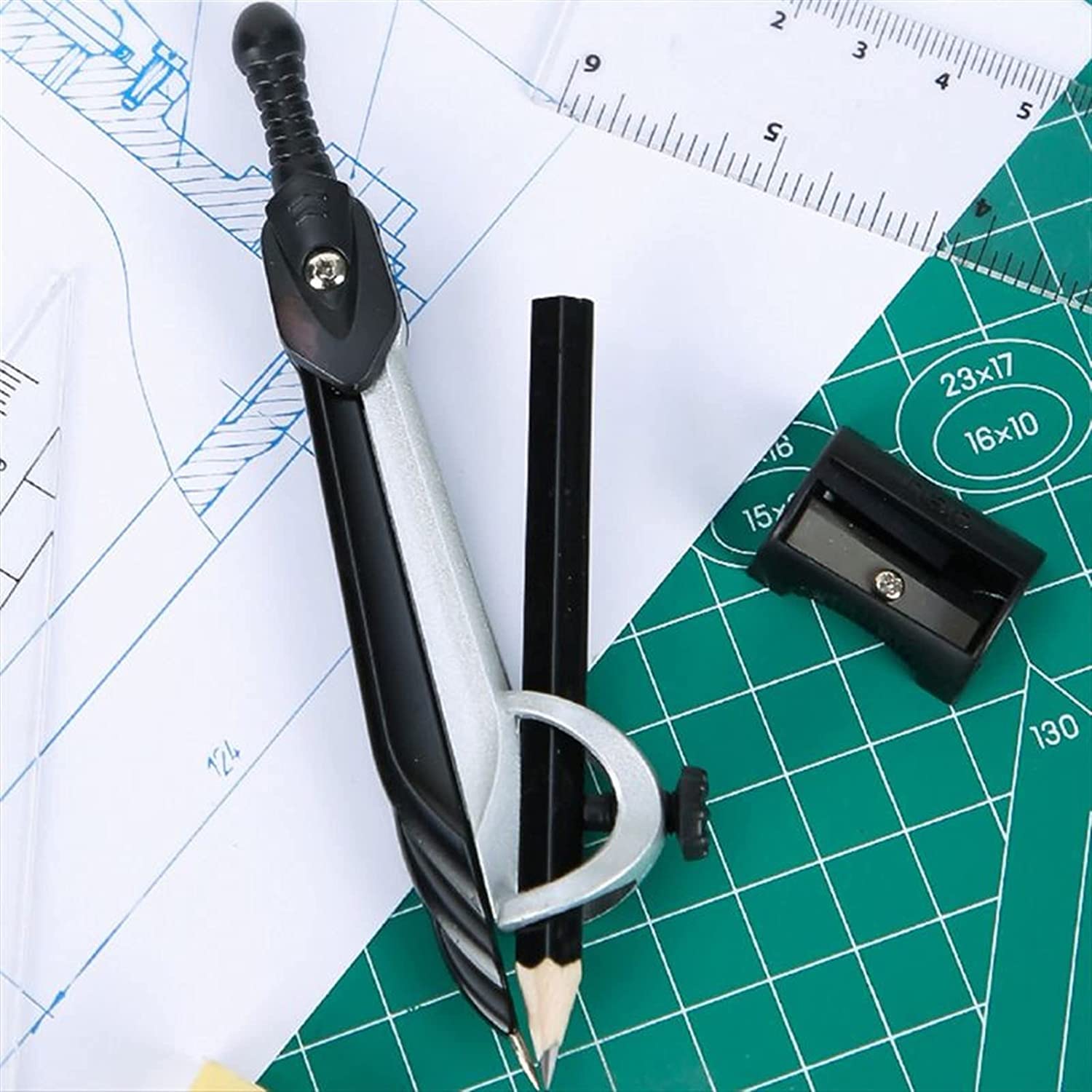 AKAZI Geometrie-Set Professioneller Kompass Mathe-Geometrie-Winkelmesser Zeichnen Kompass Lineal Dreieck Mathe-Studien-Tool-Kit Schulbedarf (7 Stück/Set) Kompass-Set