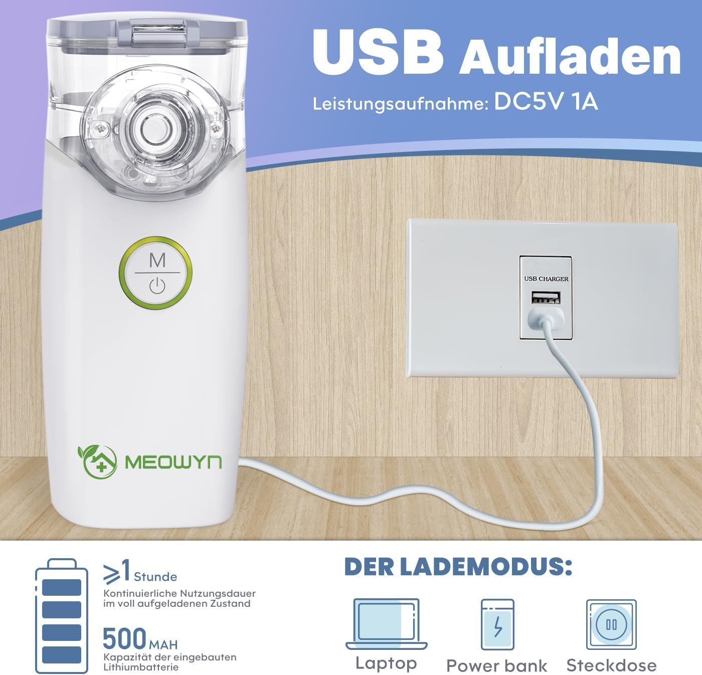 Meowyn Inhalationsgerät, leiser tragbarer Inhalationsgerät für Erwachsene und Kinder, USB wiederaufladbarer inhalator mit 2 Masken und Mundstück, inhaliergerät für Reisen und Zuhause