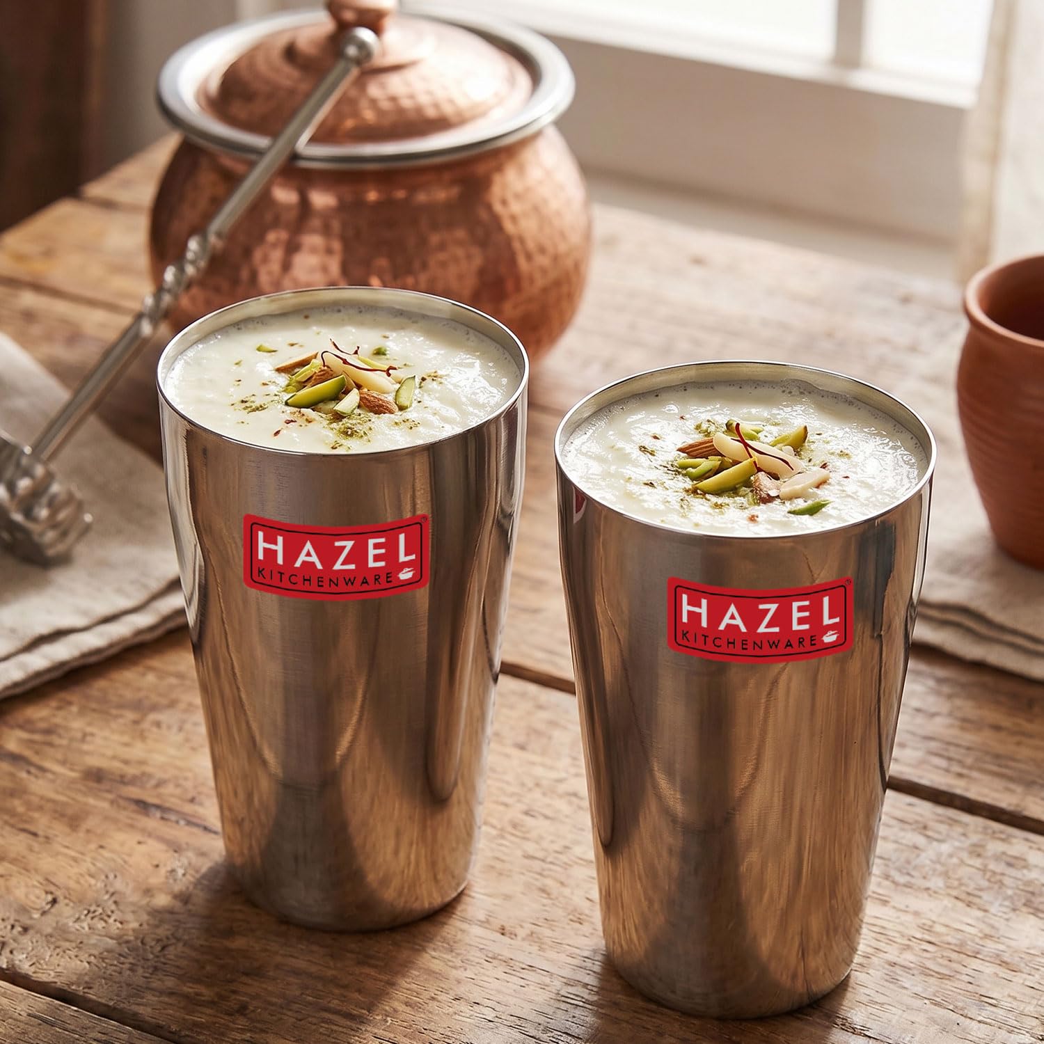 HAZEL Edelstahl Lassi Glas 750ml | Große Trinkgläser für Wasser, Saft, Milch 2 Stück