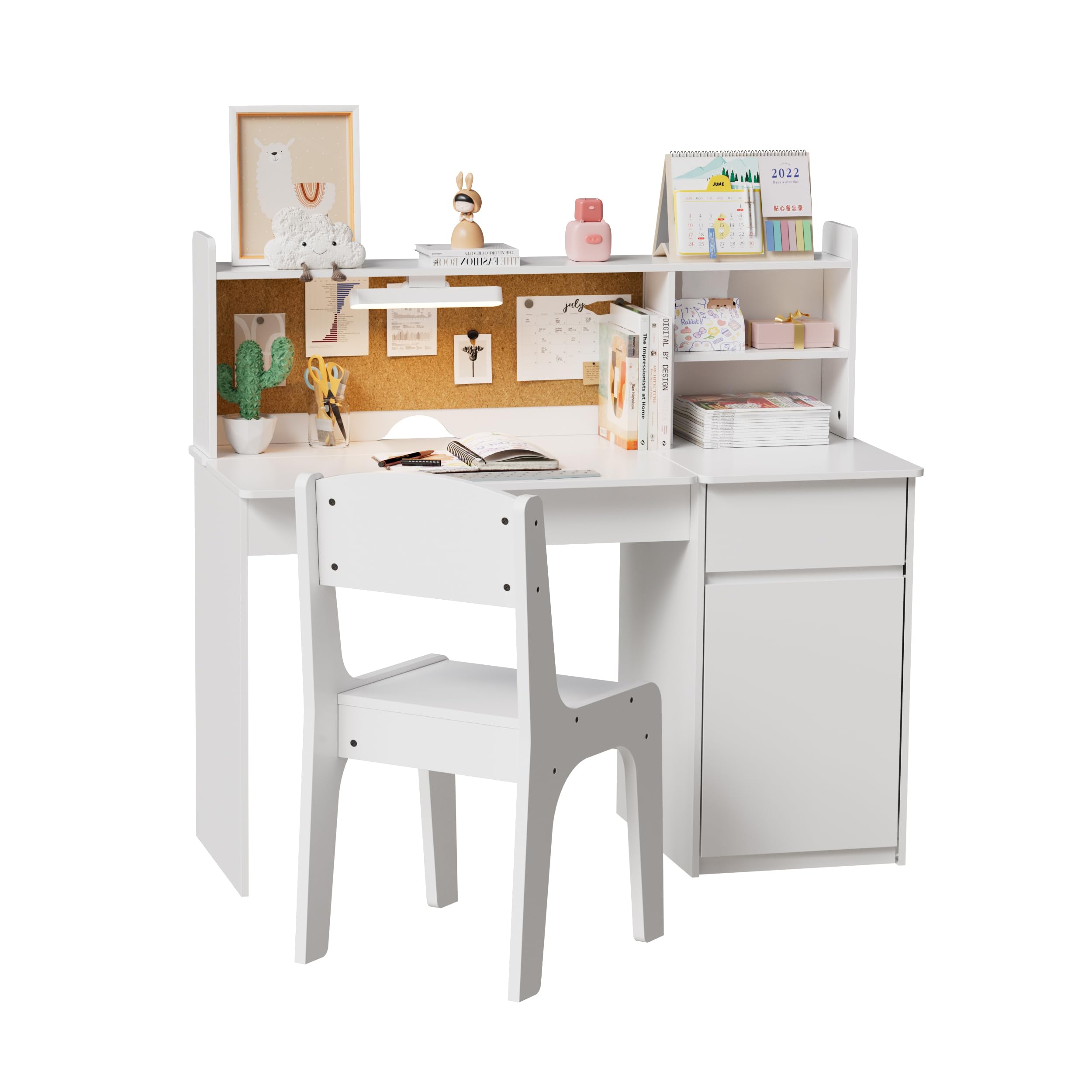 Bureau Enfants avec Chaise, Plateau Incliné 0-40° & Lumière Tricolore, Table Enfant Bois Rangement Tableau d'Affichage