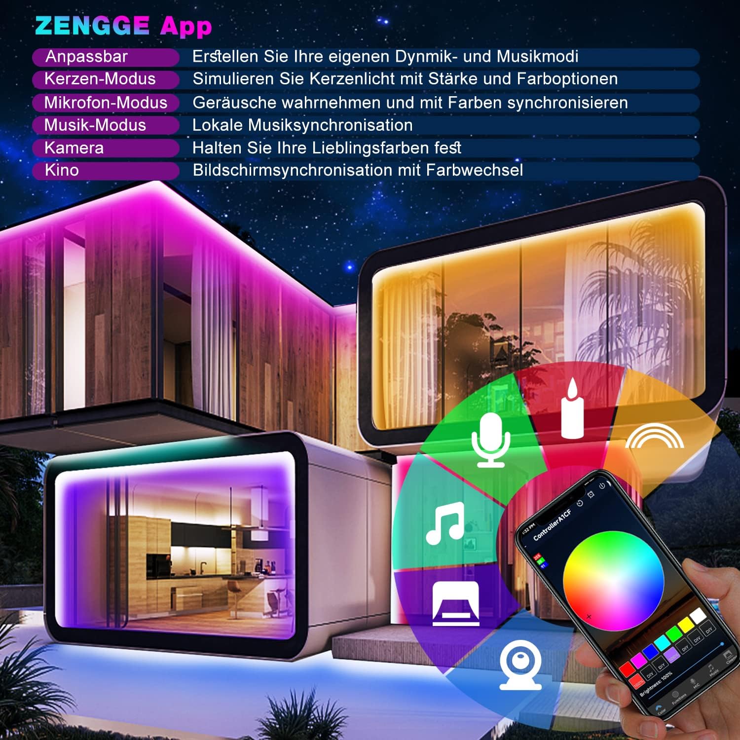 80M IP67 RGB LED Streifen Aussenbereich Wasserdicht, Bluetooth Outdoor LED Strip mit App, Remote und Music Sync, Lichtband Selbstklebend für Garten, Balkon, Terrasse, Festival (40M*2)