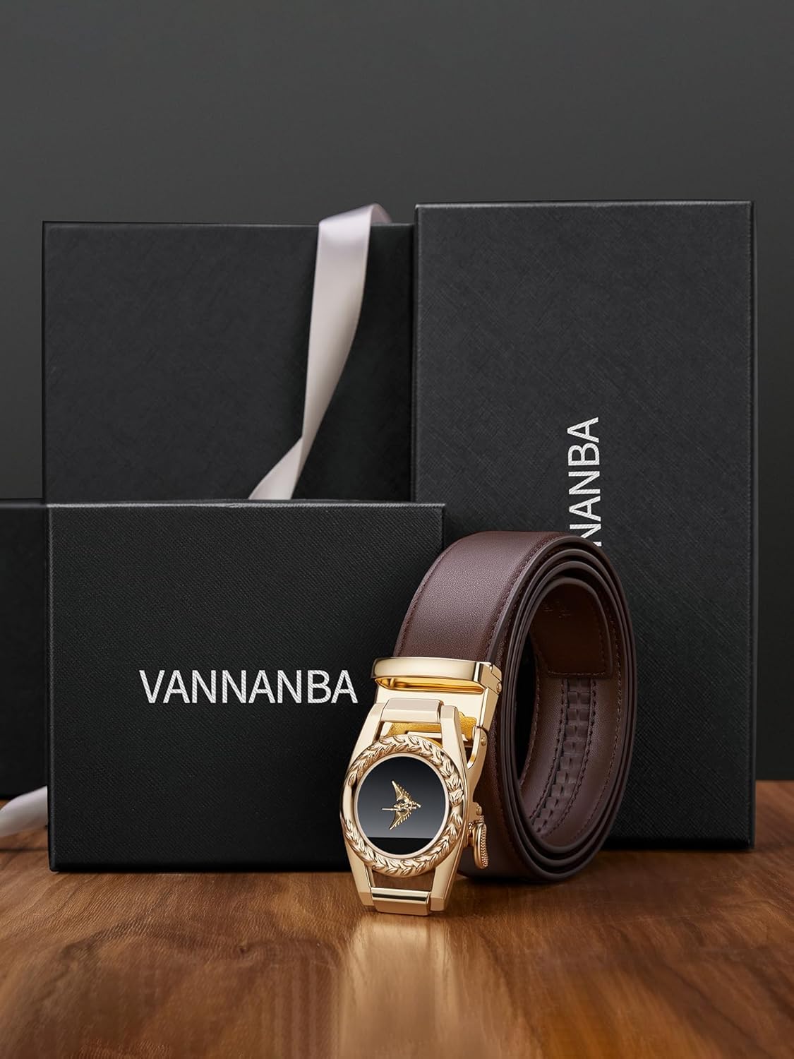 VANNANBA Mens Belts for Jeans, Designer Belts with Gorgeous Buckle Black Gold for Daily Dress - Image 7
