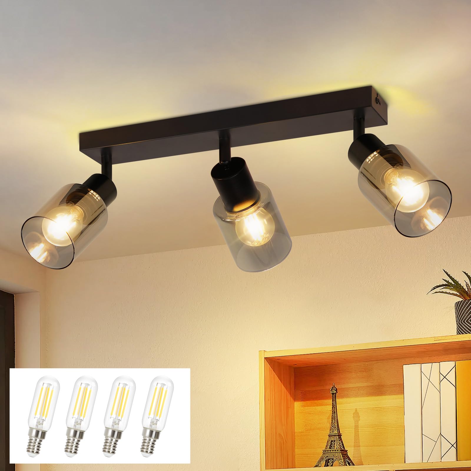 Deckenstrahler 3 flammig Deckenlampe Vintage: Deckenleuchte Schwarz | Schwenkbar Küchenlampe Metall Deckenspots Glas Spotleuchte Wand für Wohnzimmer Flur Küche inkl. 4 × E14 2700K Leuchtmittel