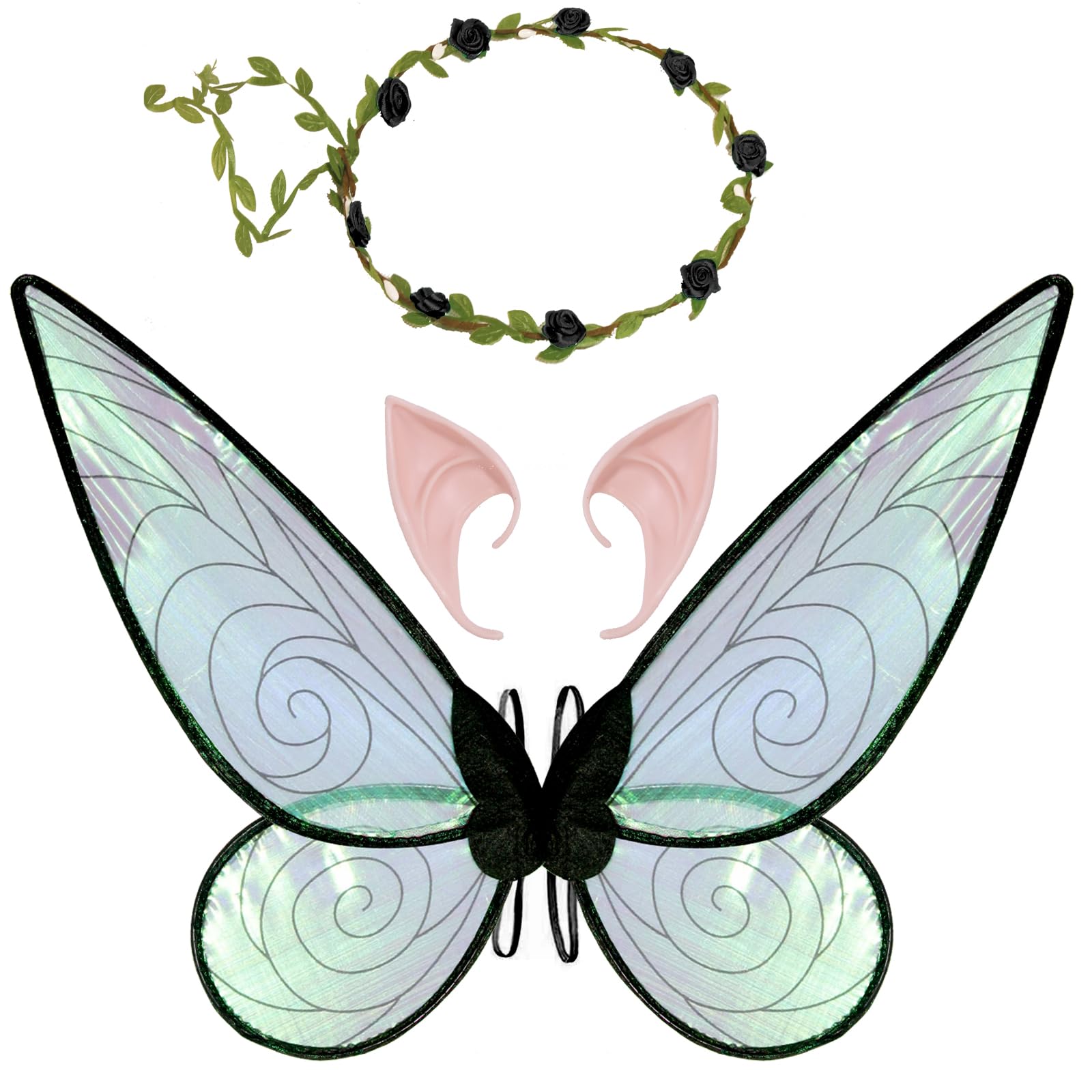 Fairy Wings for Girls Women,Butterfly Wings for Adults, Halloween Costume Angel Wings with Headband Elf Ears Dress Up Cosplay Party (Black)